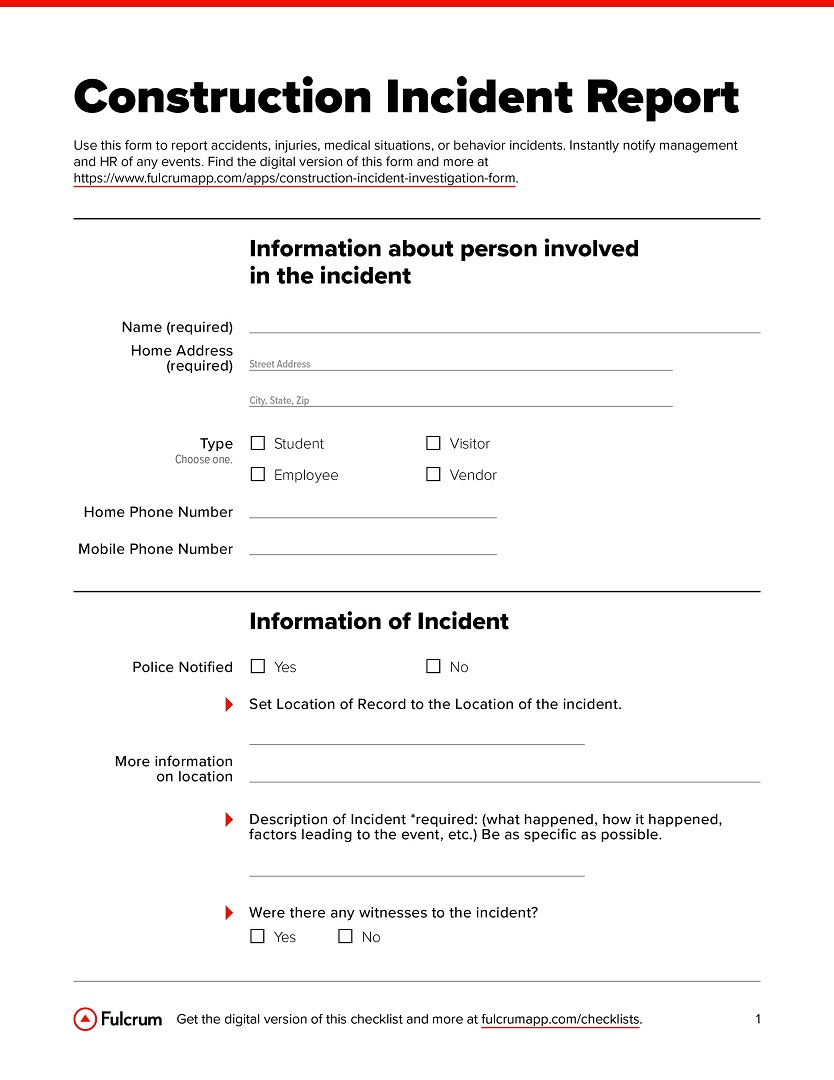 Construction Incident Investigation Form - Checklist With Construction Accident Report Template