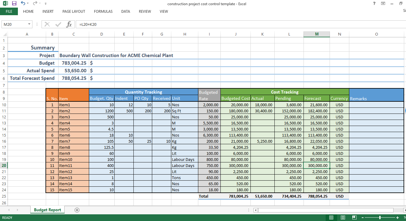 Construction project cost control - excel template - WorkPack With Construction Cost Report Template