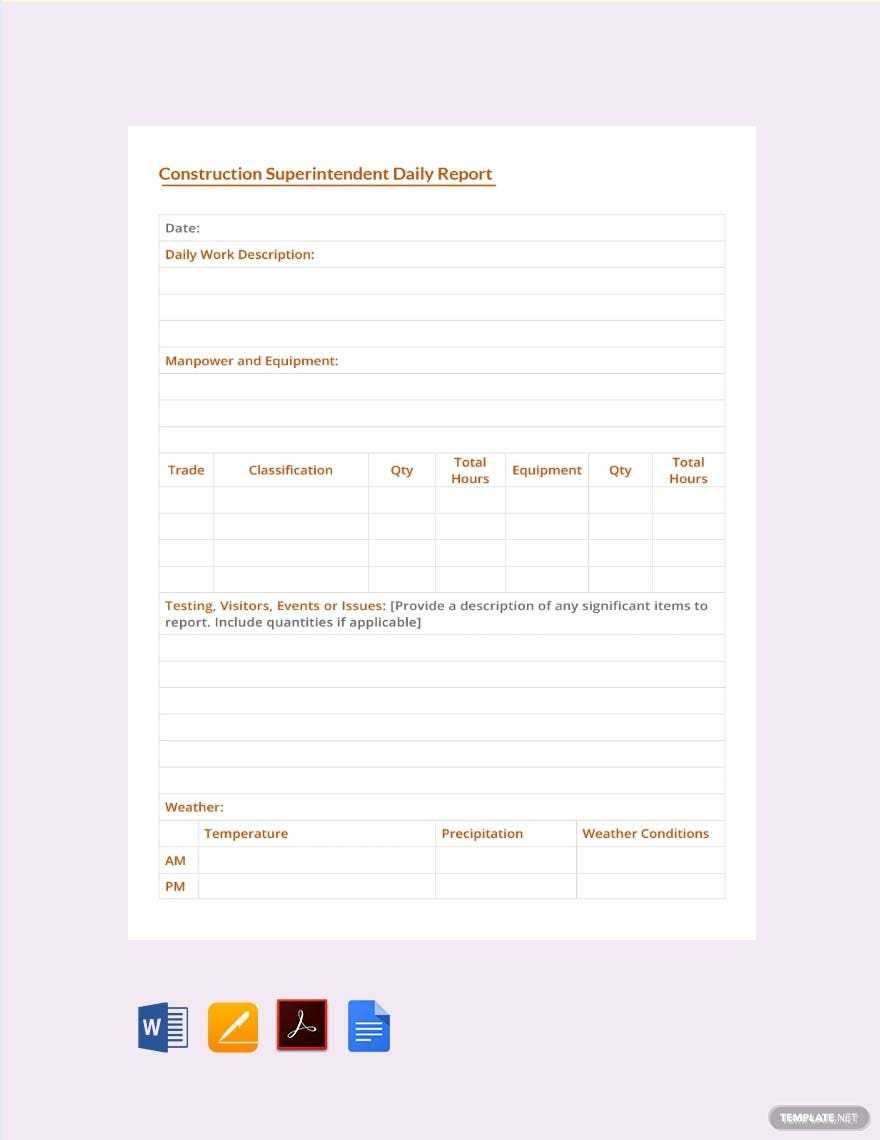 Contractor Daily Construction Report Template - Google Docs, Word Throughout Superintendent Daily Report Template Contractor Daily Construction Report Template - Google Docs, Word Throughout Superintendent Daily Report Template