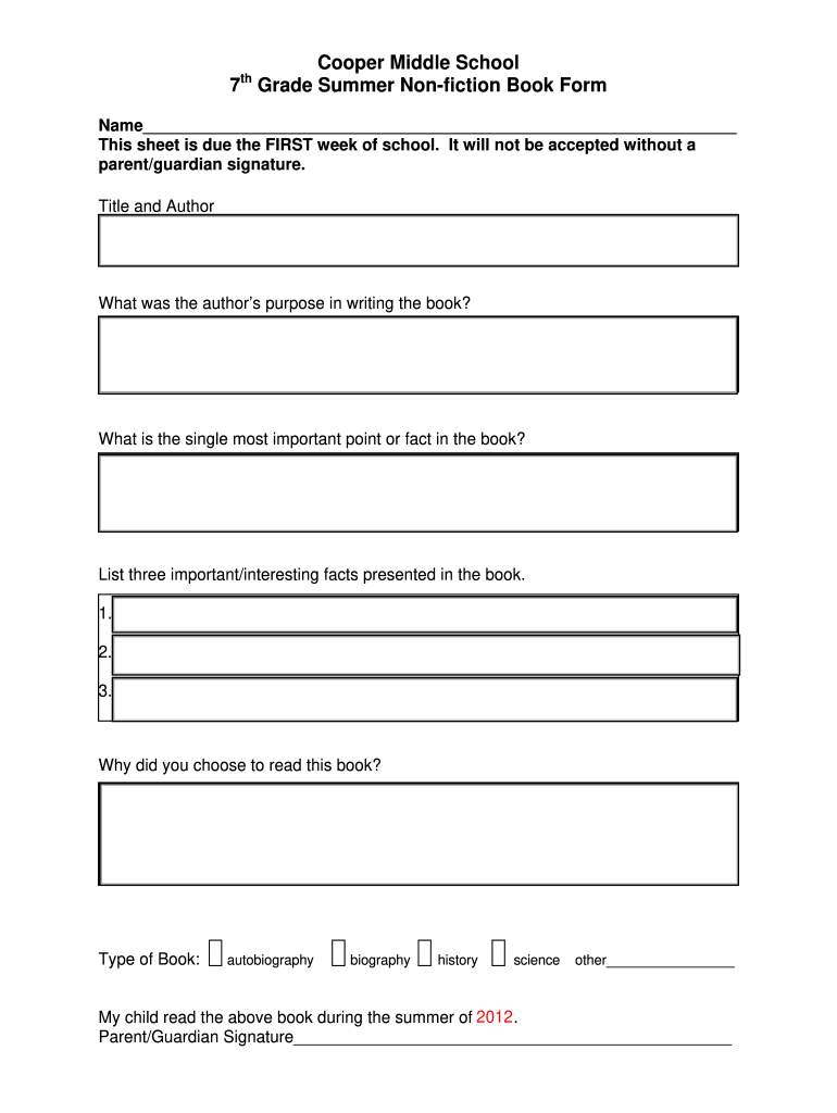 Cooper Middle School 10 Grade Summer Non-fiction Book Form: Fill  For Nonfiction Book Report Template