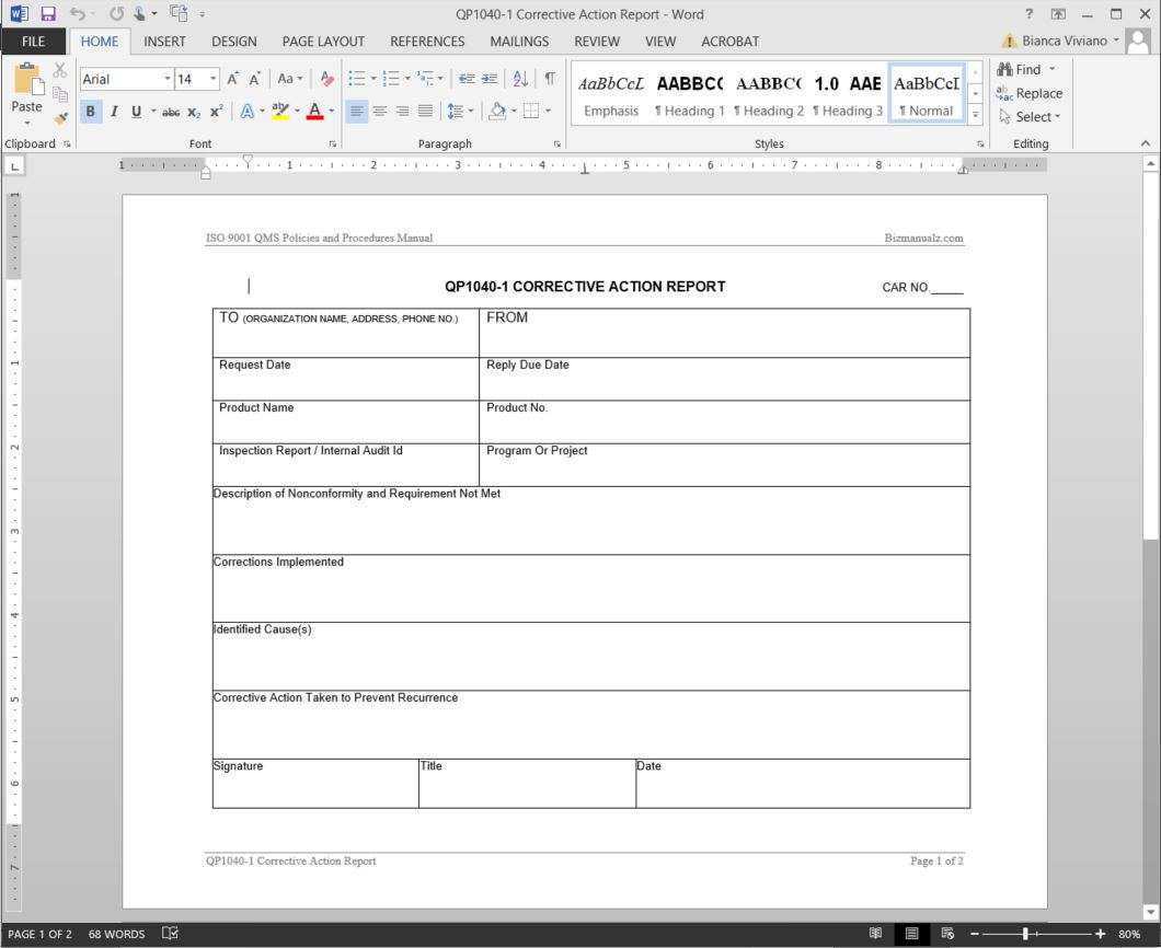Corrective Action Report ISO Template For Corrective Action Report Template