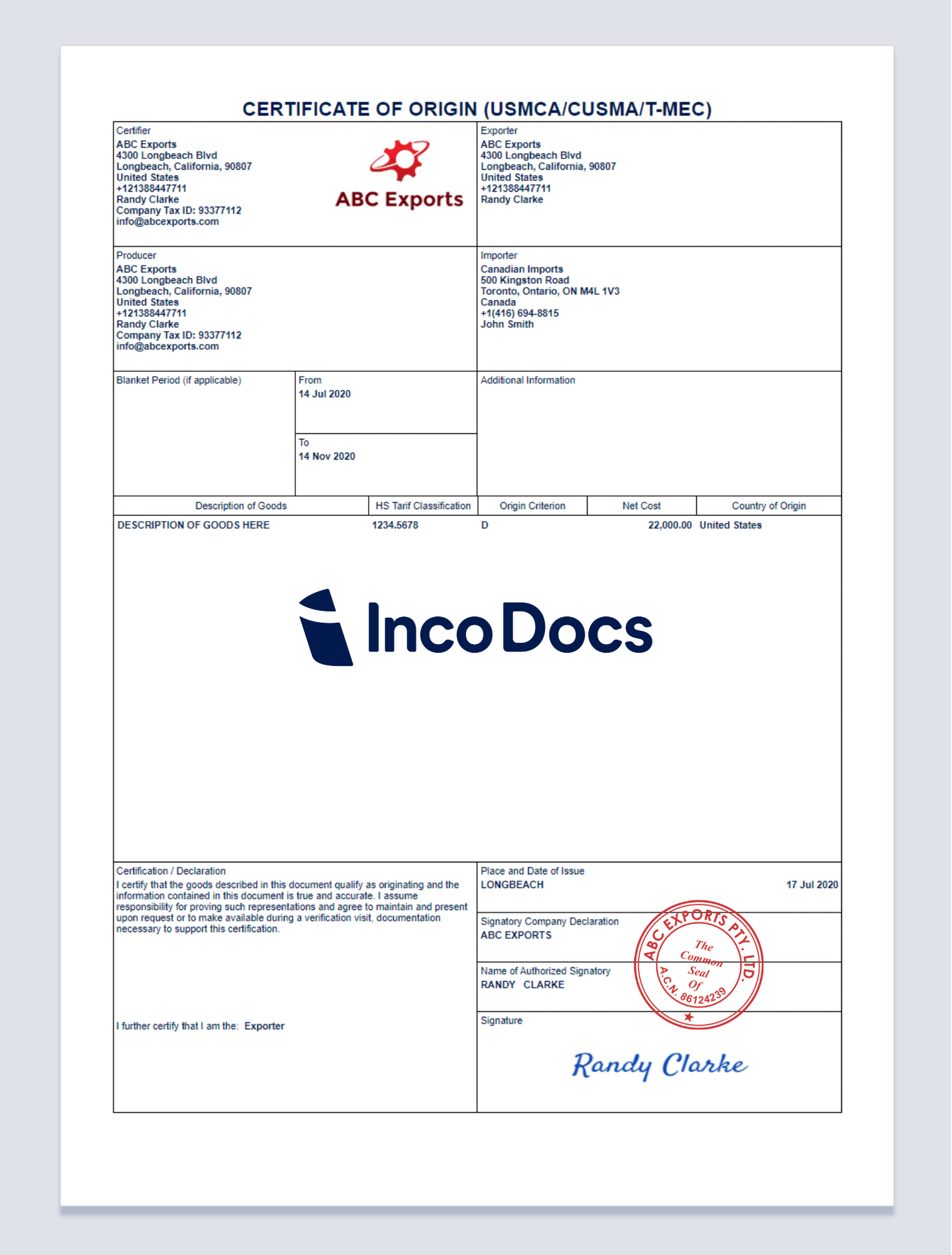 Create And Download A USMCA Certificate Of Origin Form  IncoDocs With Regard To Nafta Certificate Template