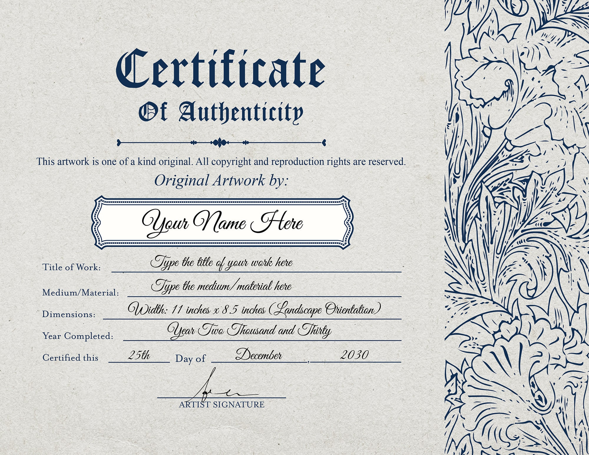 Custom Certificate of Authenticity Template Diy Editable - Etsy