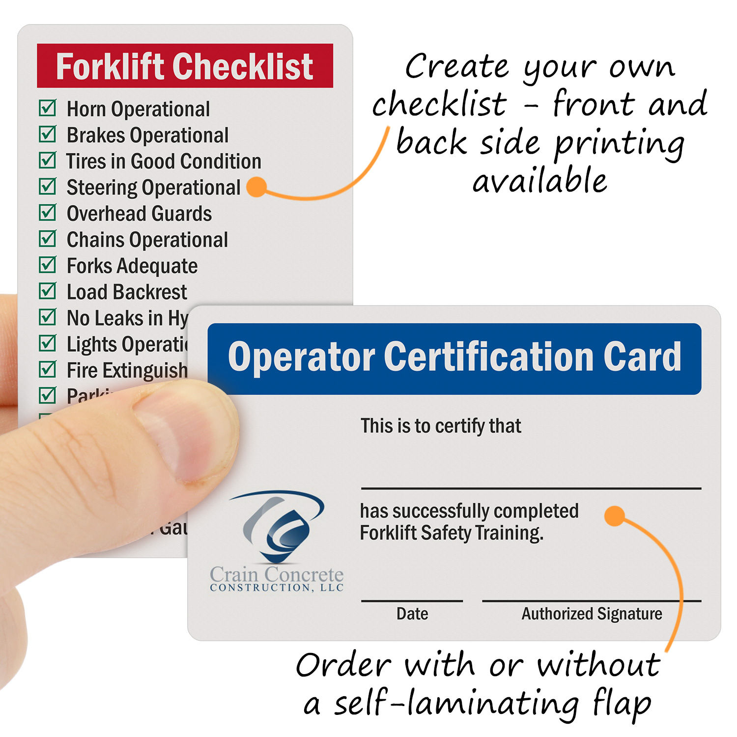 Custom Self Laminating Wallet Card Signs, SKU: BD-10 Within Forklift Certification Card Template