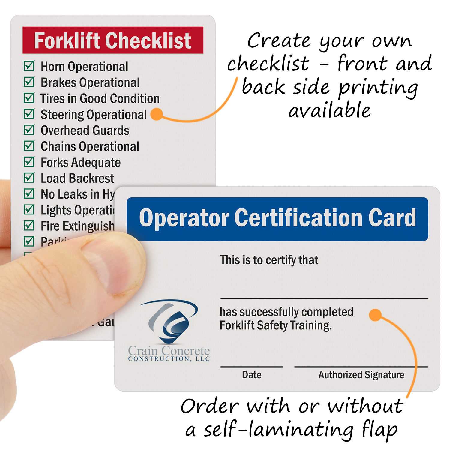 Custom Self Laminating Wallet Card Signs, SKU: BD 10 Within Forklift Certification Card Template