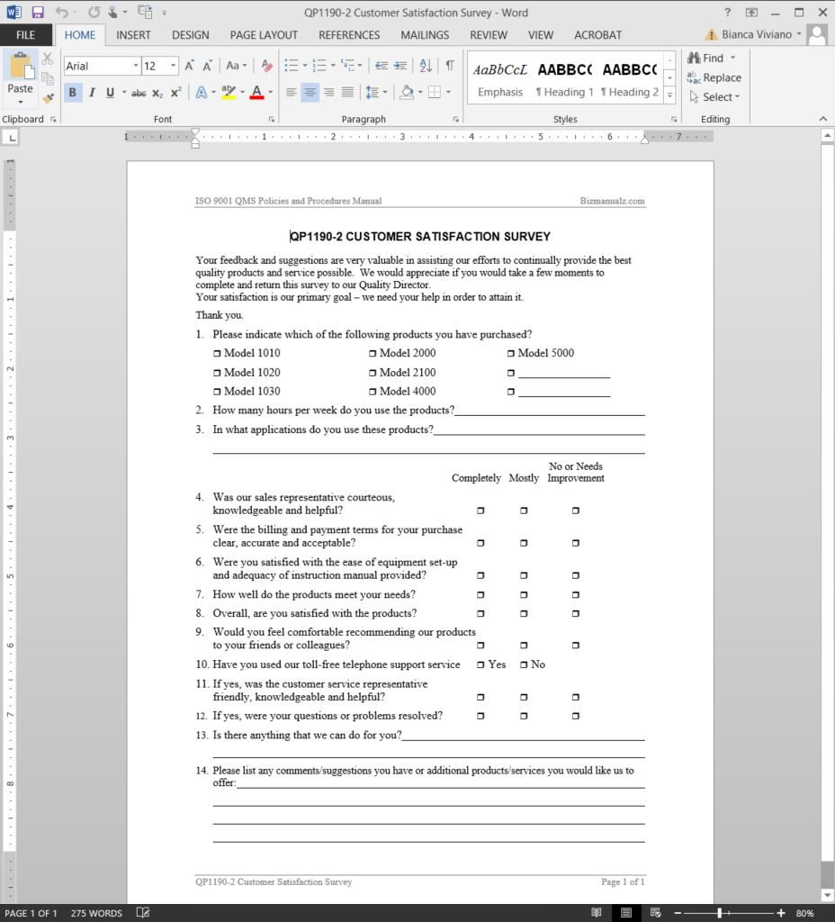 Customer Satisfaction Survey ISO Template With Regard To Customer Satisfaction Report Template