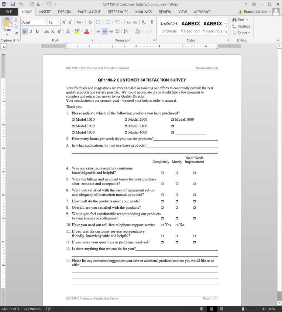 Customer Satisfaction Survey ISO Template With Regard To Customer Satisfaction Report Template