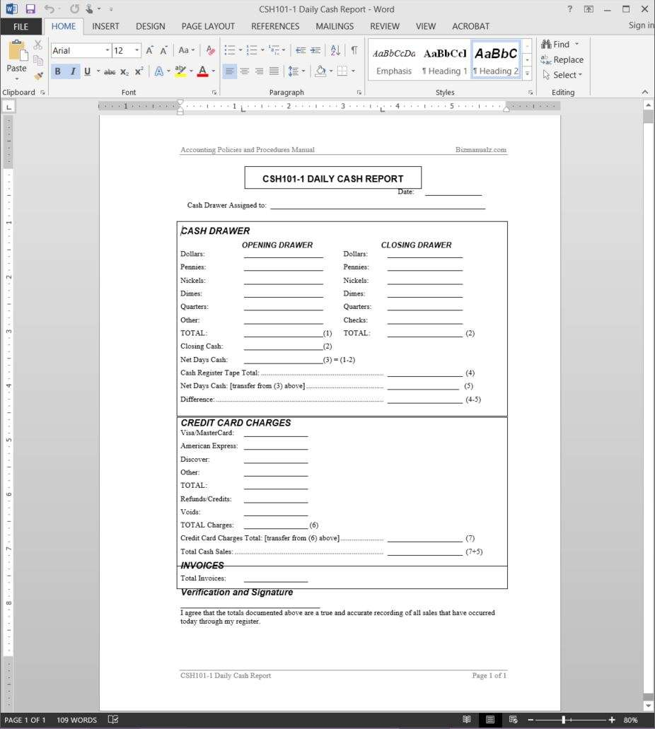 Daily Cash Report Template With End Of Day Cash Register Report Template