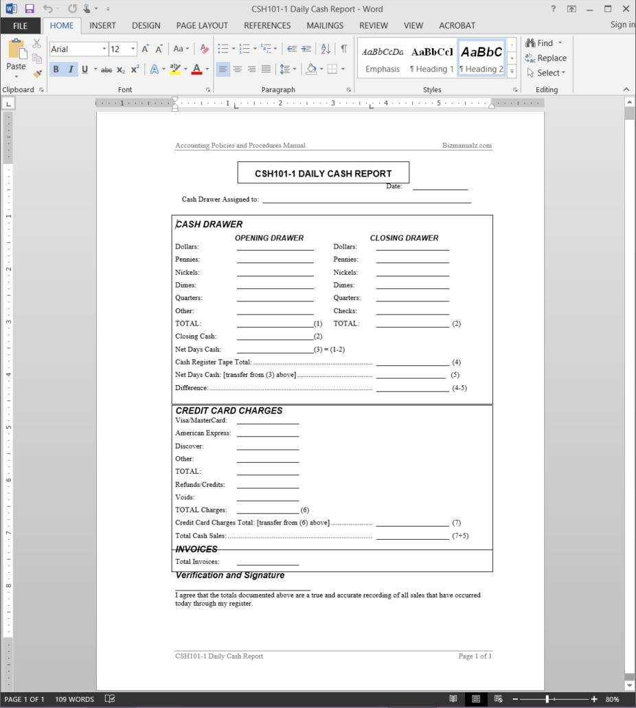 Daily Cash Report Template With End Of Day Cash Register Report Template