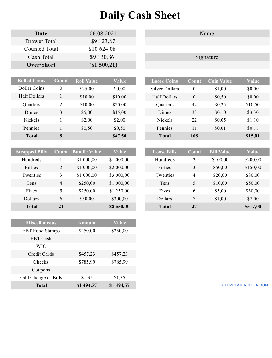 Daily Cash Sheet Template Download Printable PDF  Templateroller Within End Of Day Cash Register Report Template