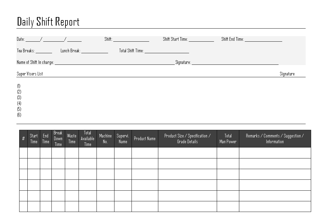Daily shift Report - Throughout Shift Report Template
