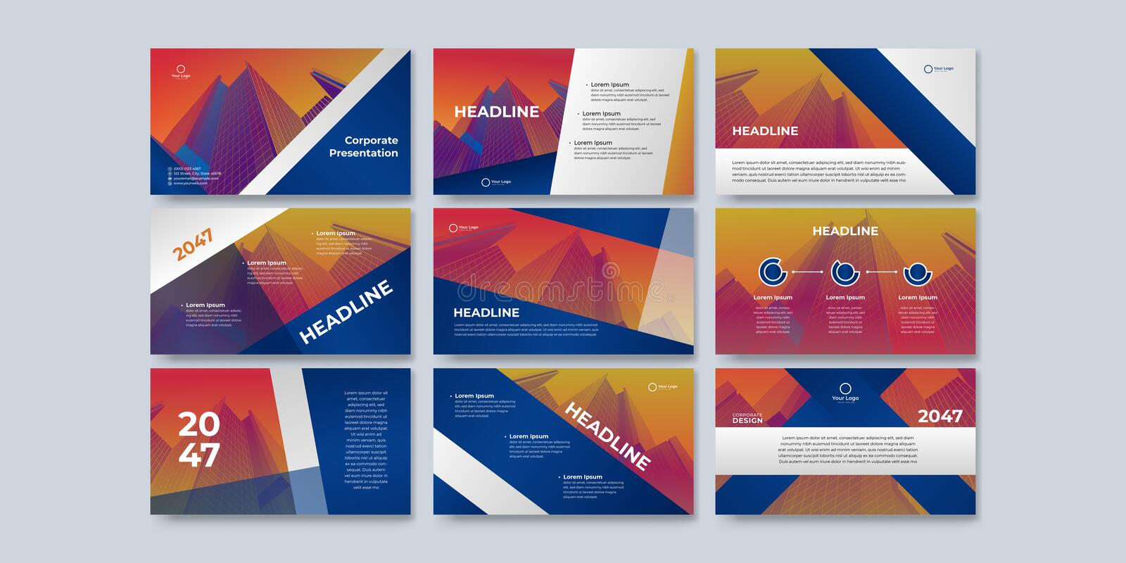 Dark Blue Presentation Templates Set for Business and Construction