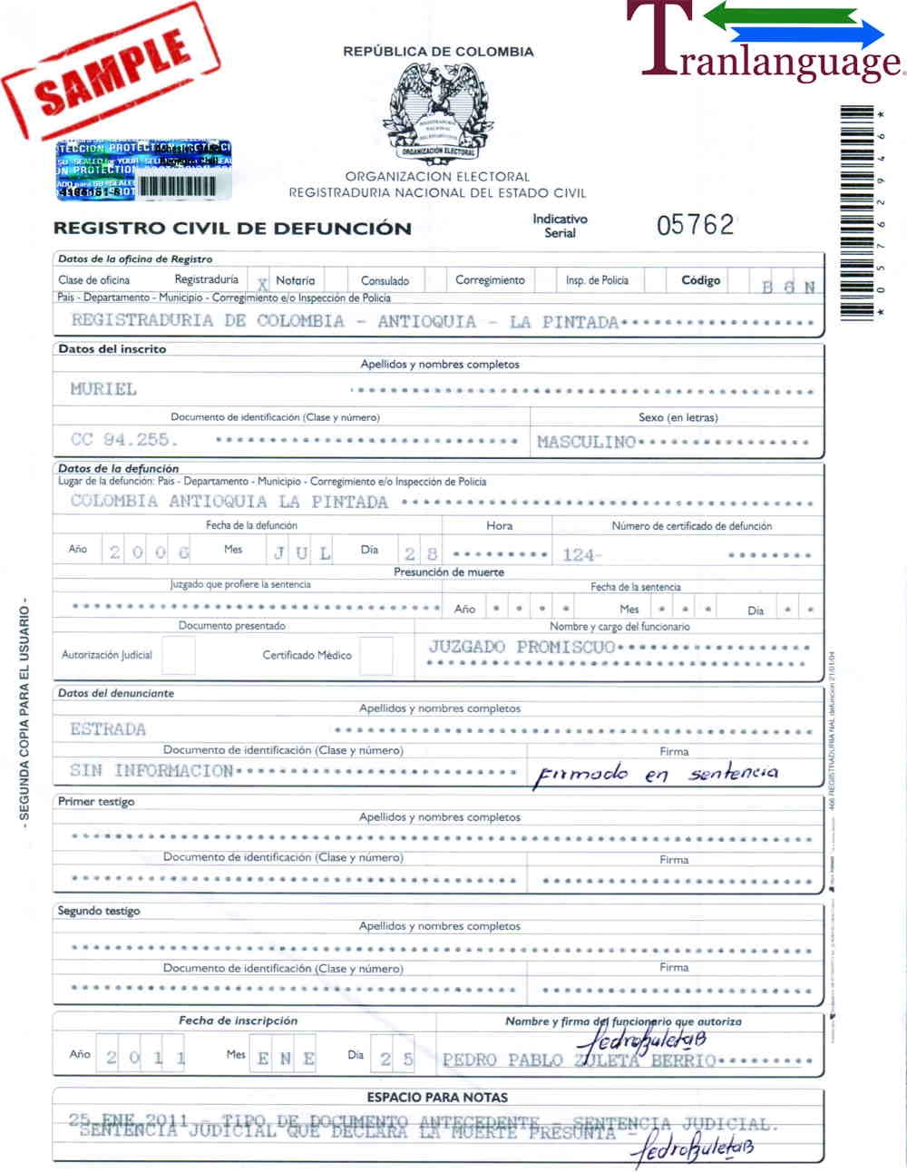 Death Certificate Colombia Pertaining To Death Certificate Translation Template