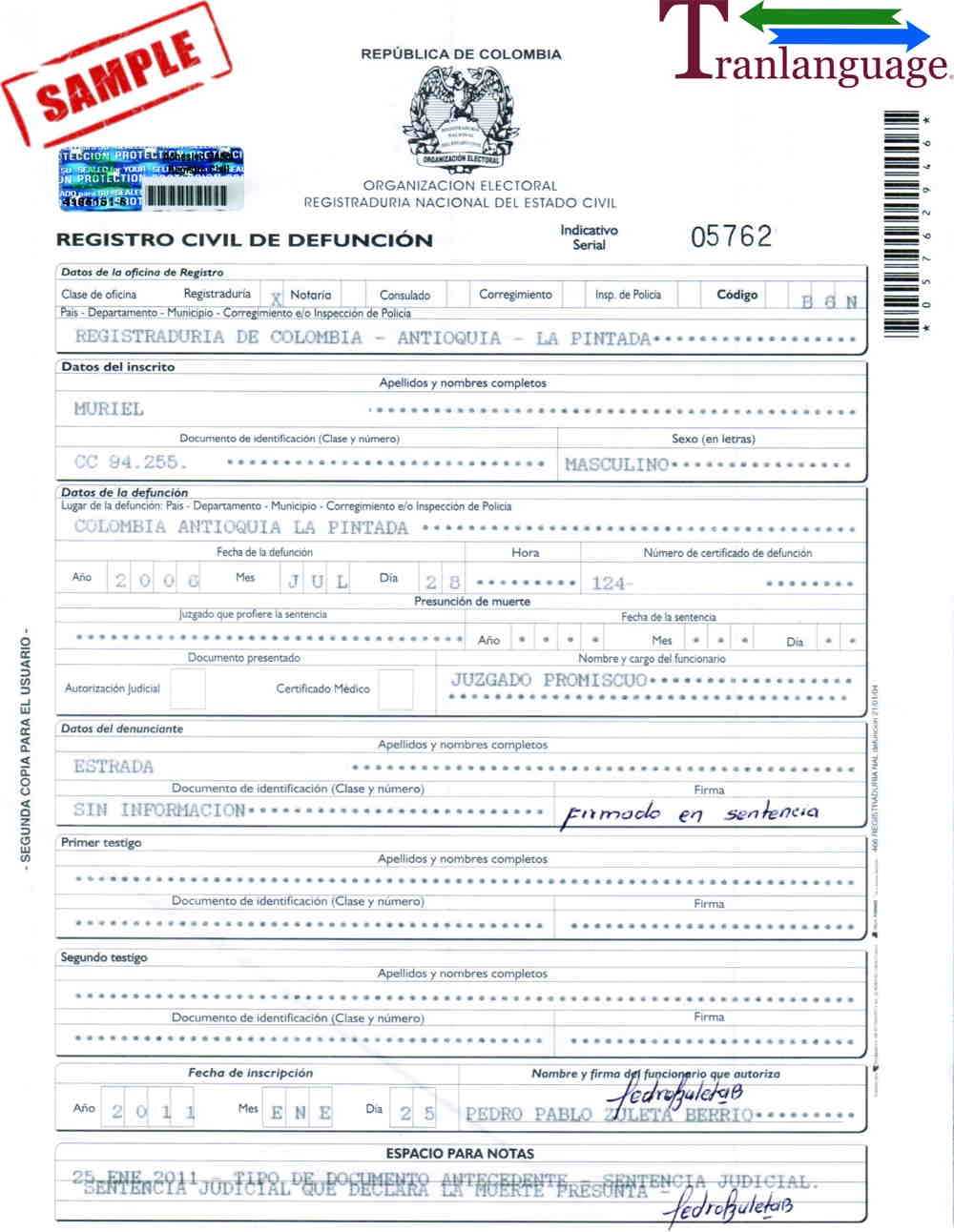 Death Certificate Colombia Pertaining To Death Certificate Translation Template