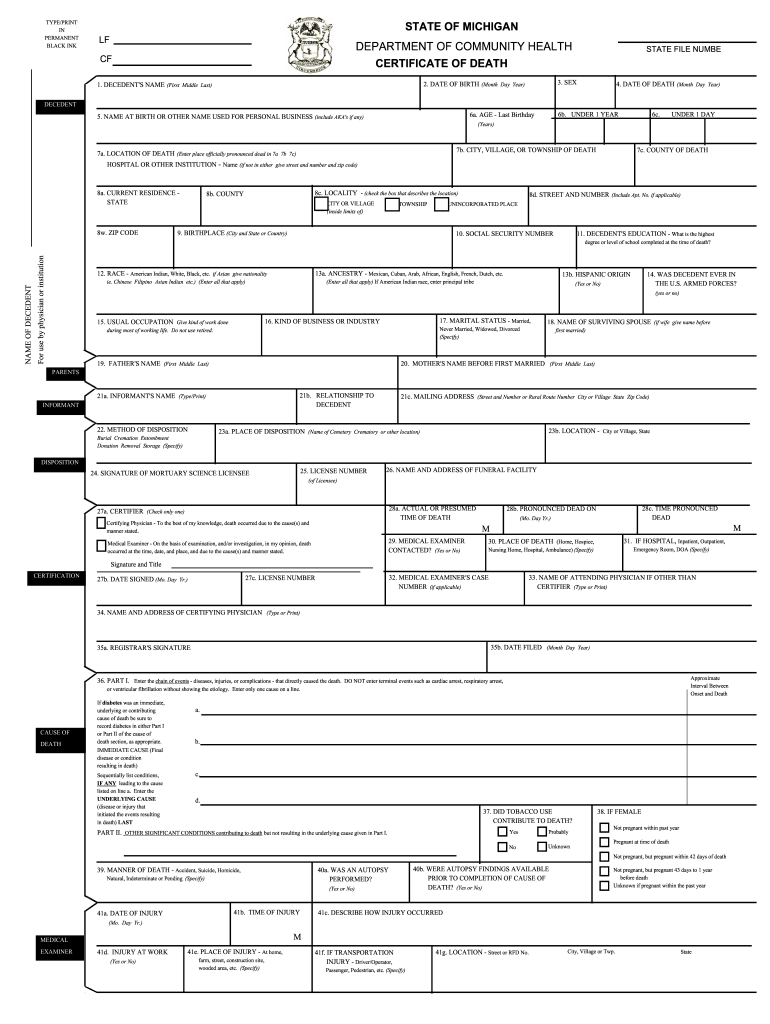 Death Certificate Michigan - Fill Online, Printable, Fillable  Inside Fake Death Certificate Template