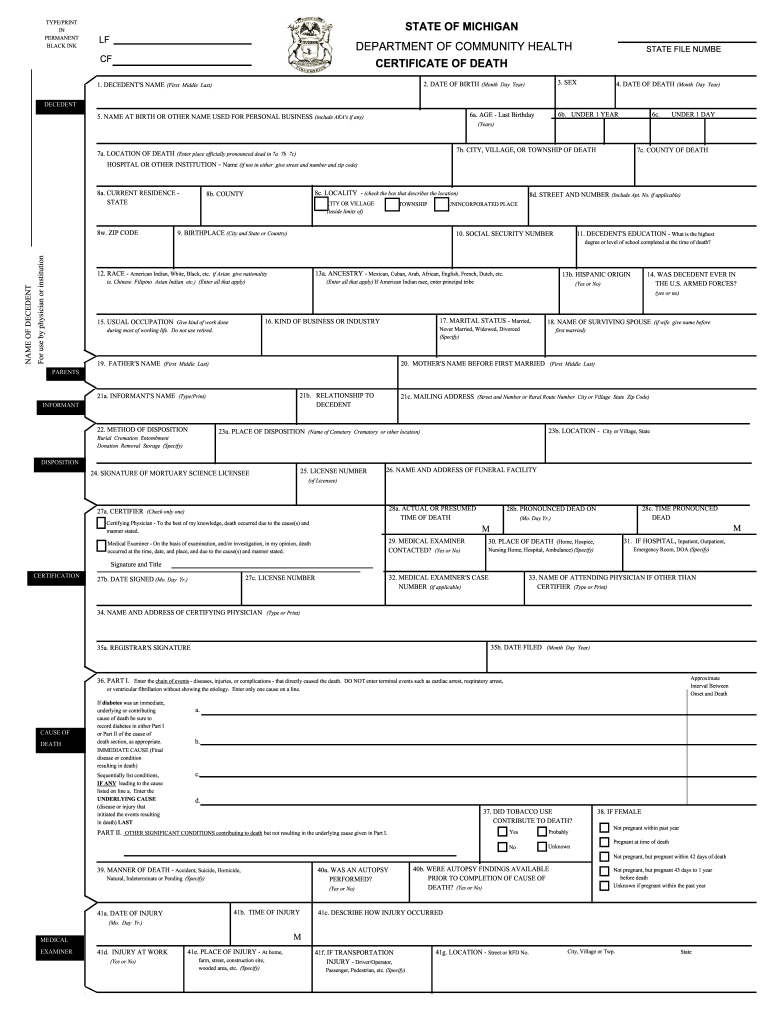 Death Certificate Michigan – Fill Online, Printable, Fillable  Inside Fake Death Certificate Template