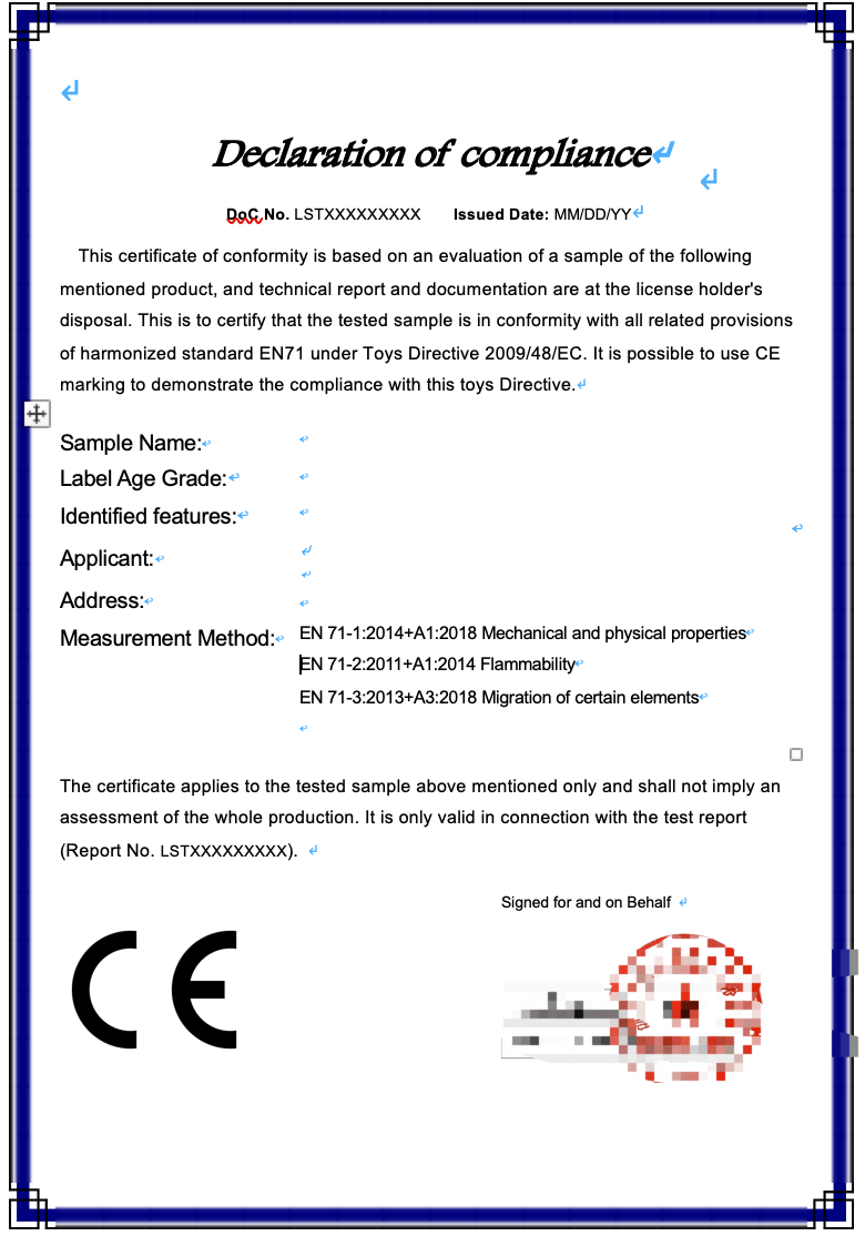 Declaration of confo-浙江立新检测技术有限公司 Inside Certificate Of Conformity Template