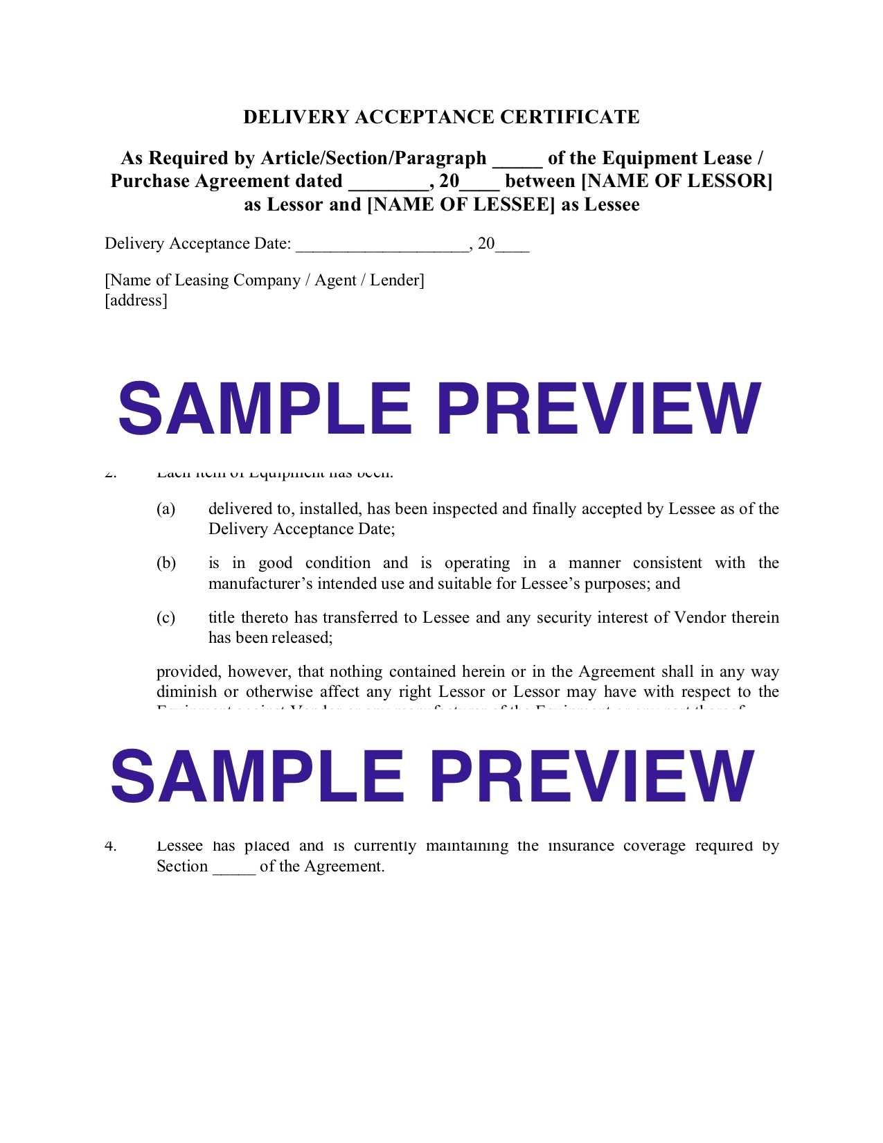 Delivery Acceptance Certificate for Leased Equipment  Legal Forms  For Certificate Of Acceptance Template