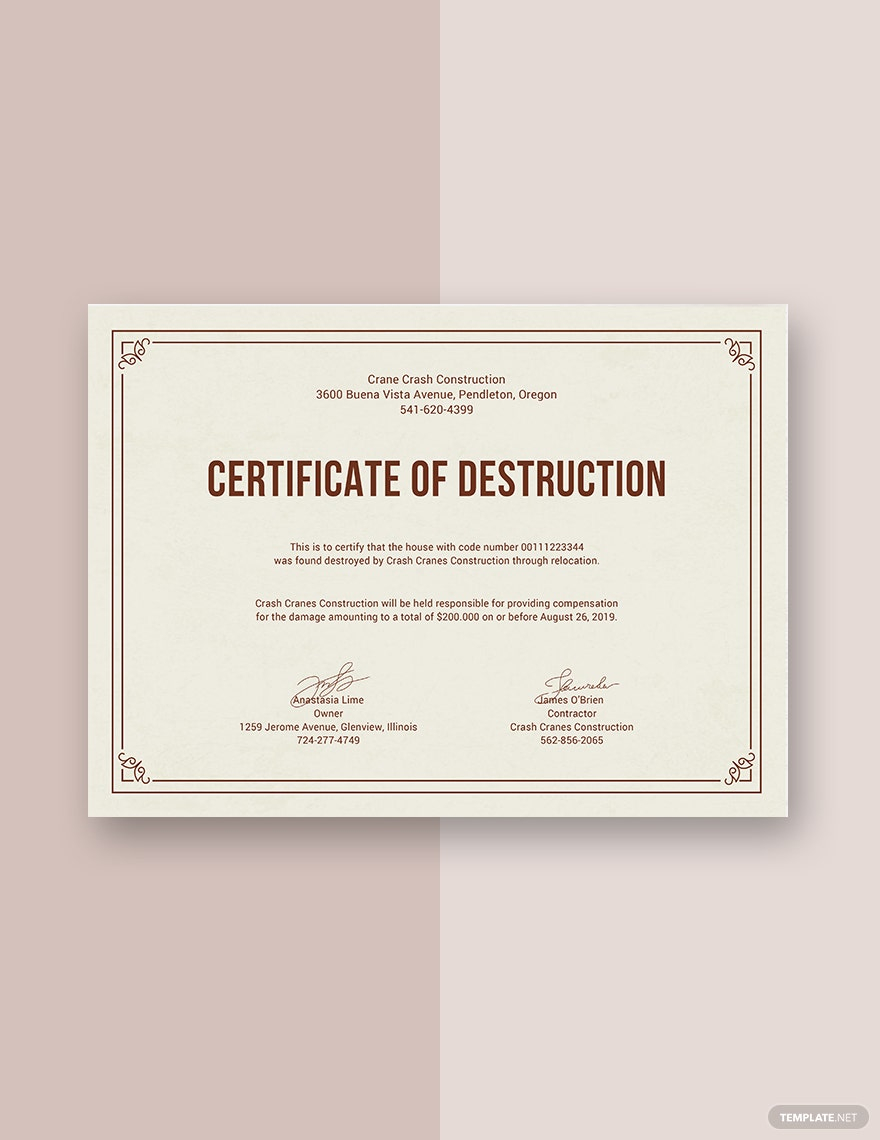 Destruction Certificates Templates Pages - Design, Free, Download  Within Certificate Of Disposal Template