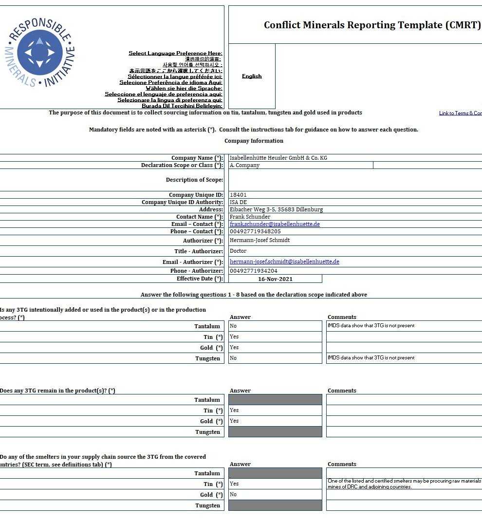 Die Umwelt-, Arbeitsschutz- und Energie-Politik • Isabellenhütte  Pertaining To Conflict Minerals Reporting Template