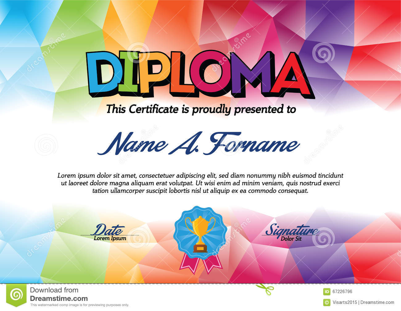 Diploma Certificate Template with Colorful Frame for Children  With Children