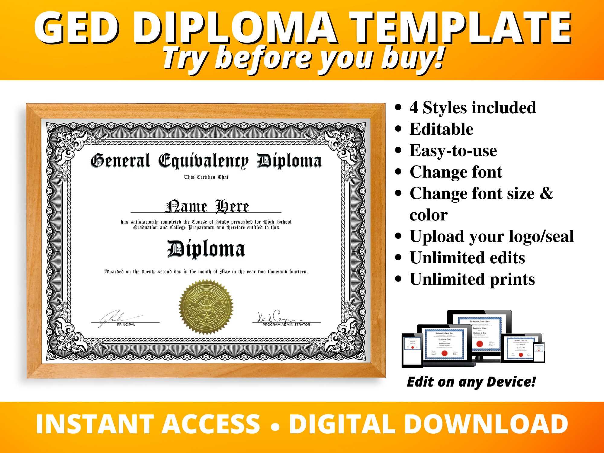 Diploma Template – Etsy For Ged Certificate Template