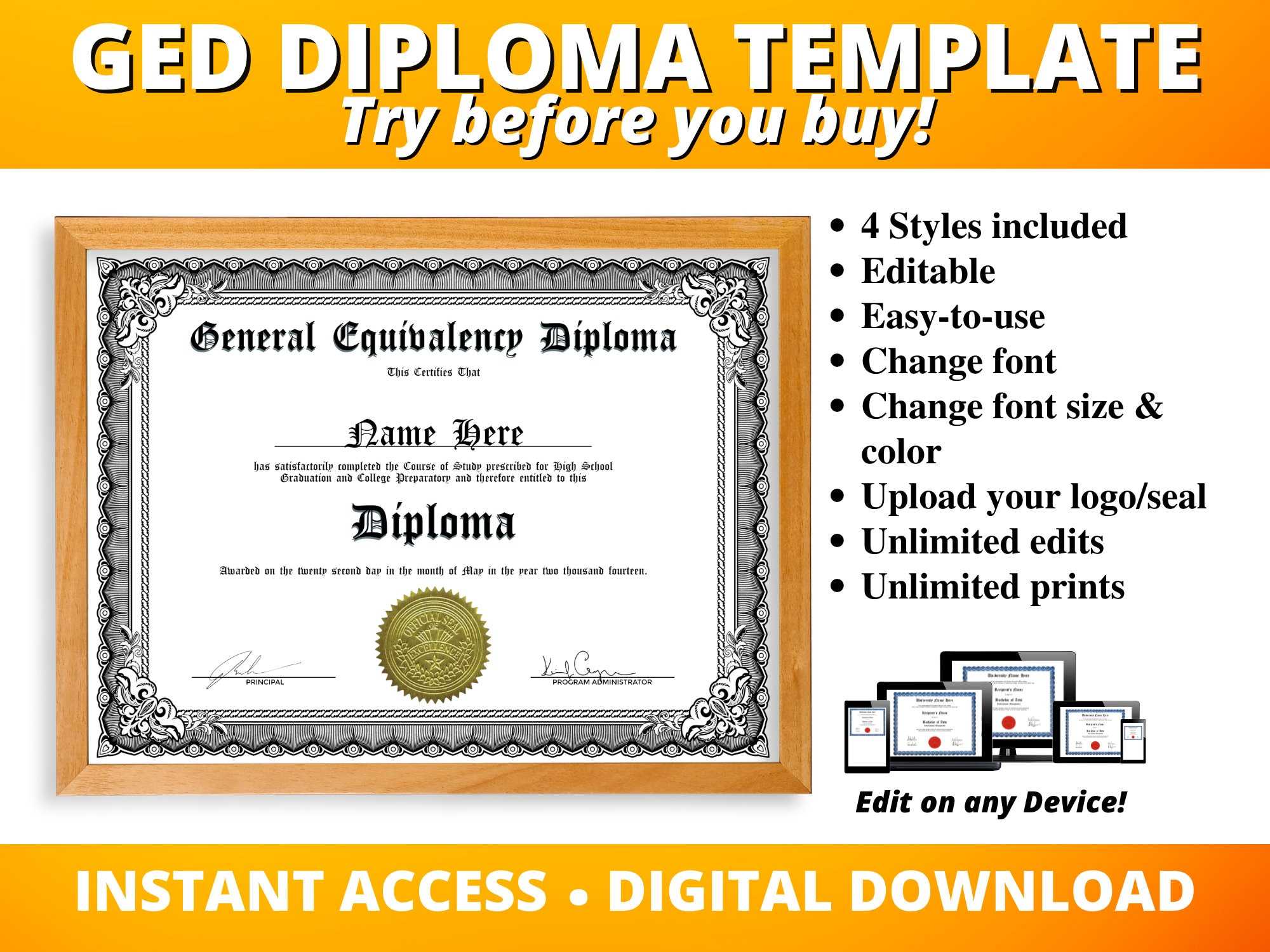 Diploma Template - Etsy Intended For Ged Certificate Template Download Diploma Template - Etsy Intended For Ged Certificate Template Download