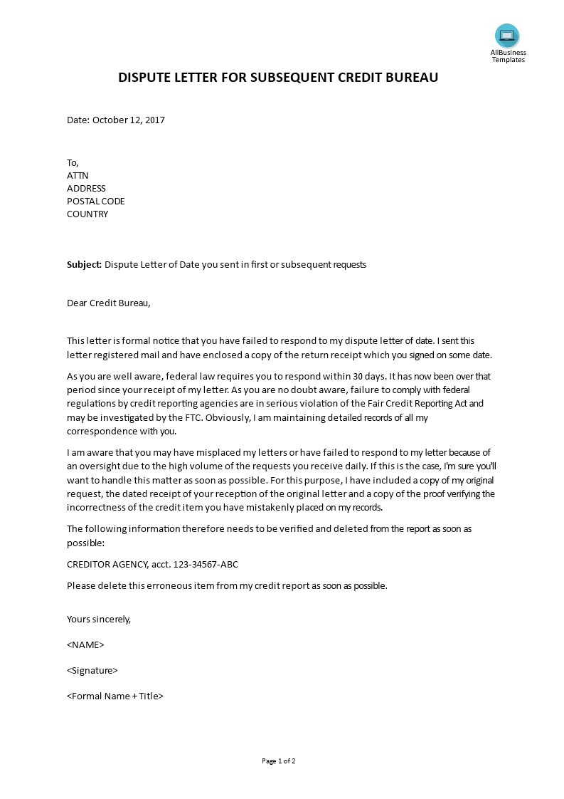 Dispute Letter For Credit Bureau - Premium Schablone Intended For Credit Report Dispute Letter Template