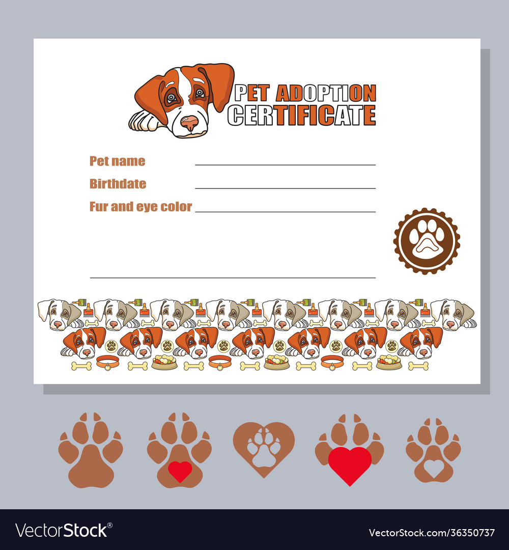 Dog adoption certificate template cute pet head Vector Image For Pet Adoption Certificate Template