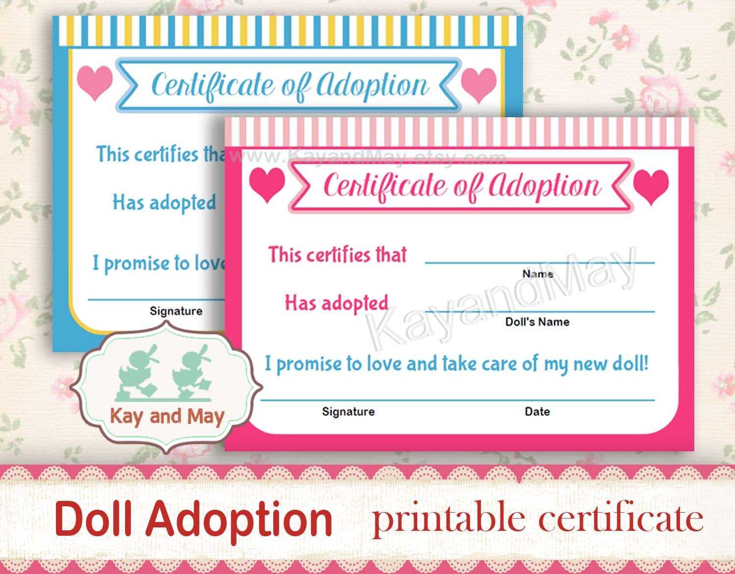 DOLL ADOPTION Certificate, Adopt A Doll Party, Printable Certificate For  Baby Doll, Plushie Doll, Soft Rag Doll, Digital Download #KM 10 Intended For Toy Adoption Certificate Template