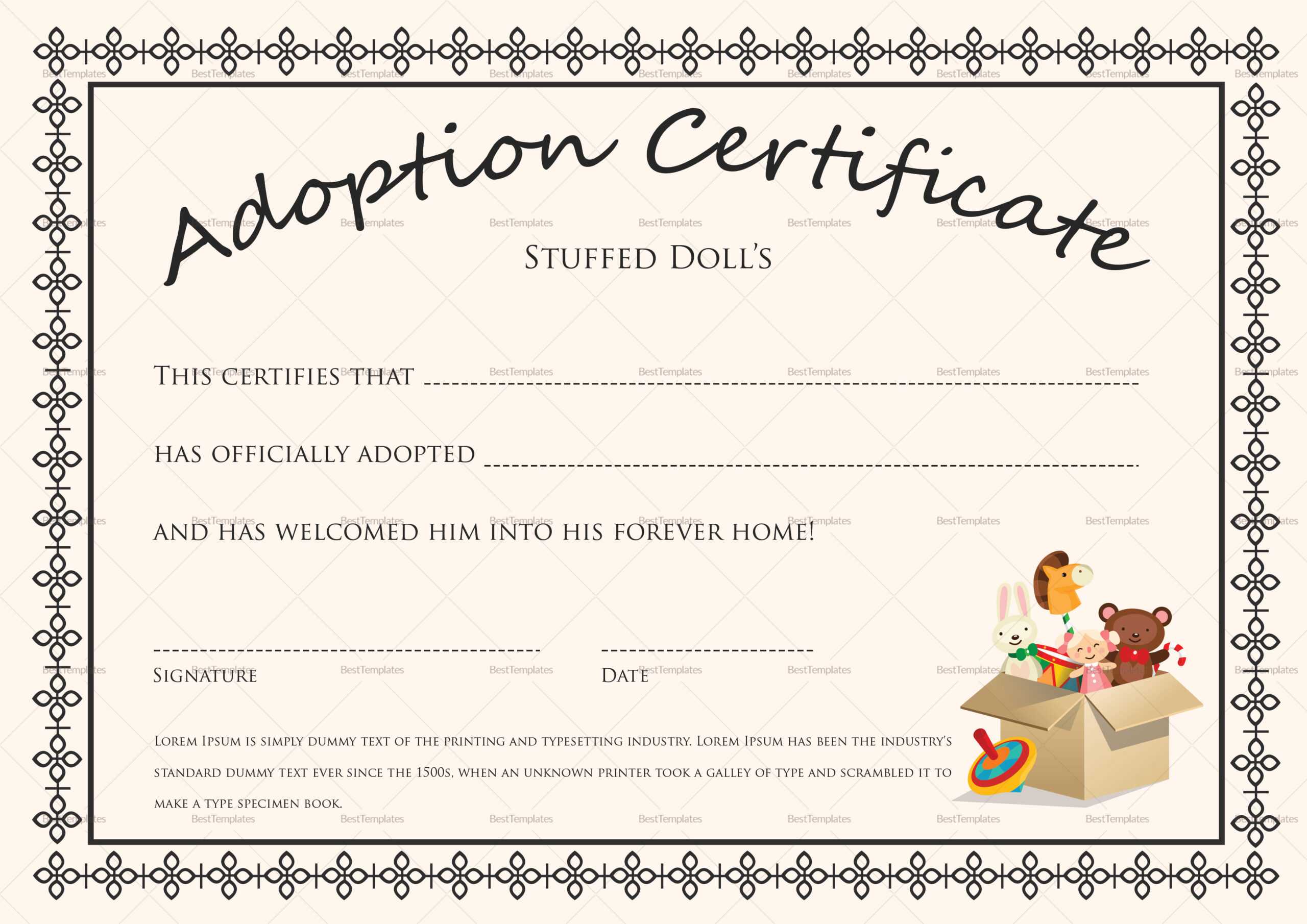 Doll Adoption Certificate Design Template In PSD, Word Throughout Child Adoption Certificate Template