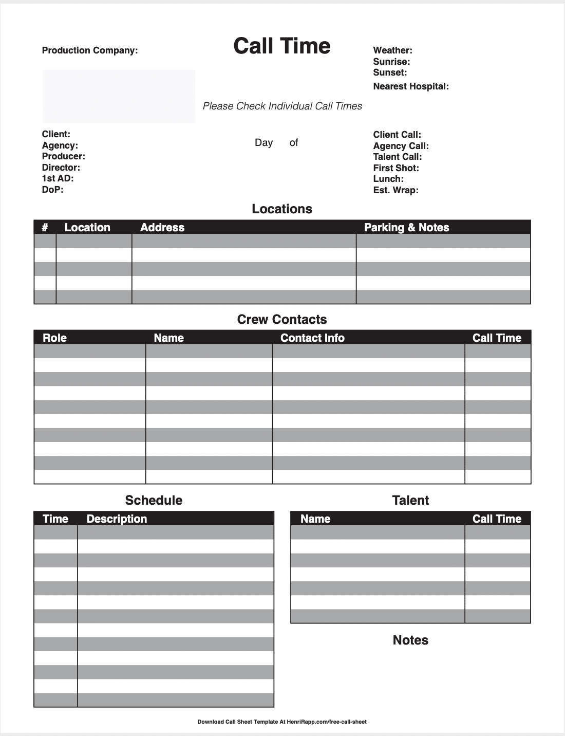 Download Free Call Sheet Template – Henri Rapp In Blank Call Sheet Template