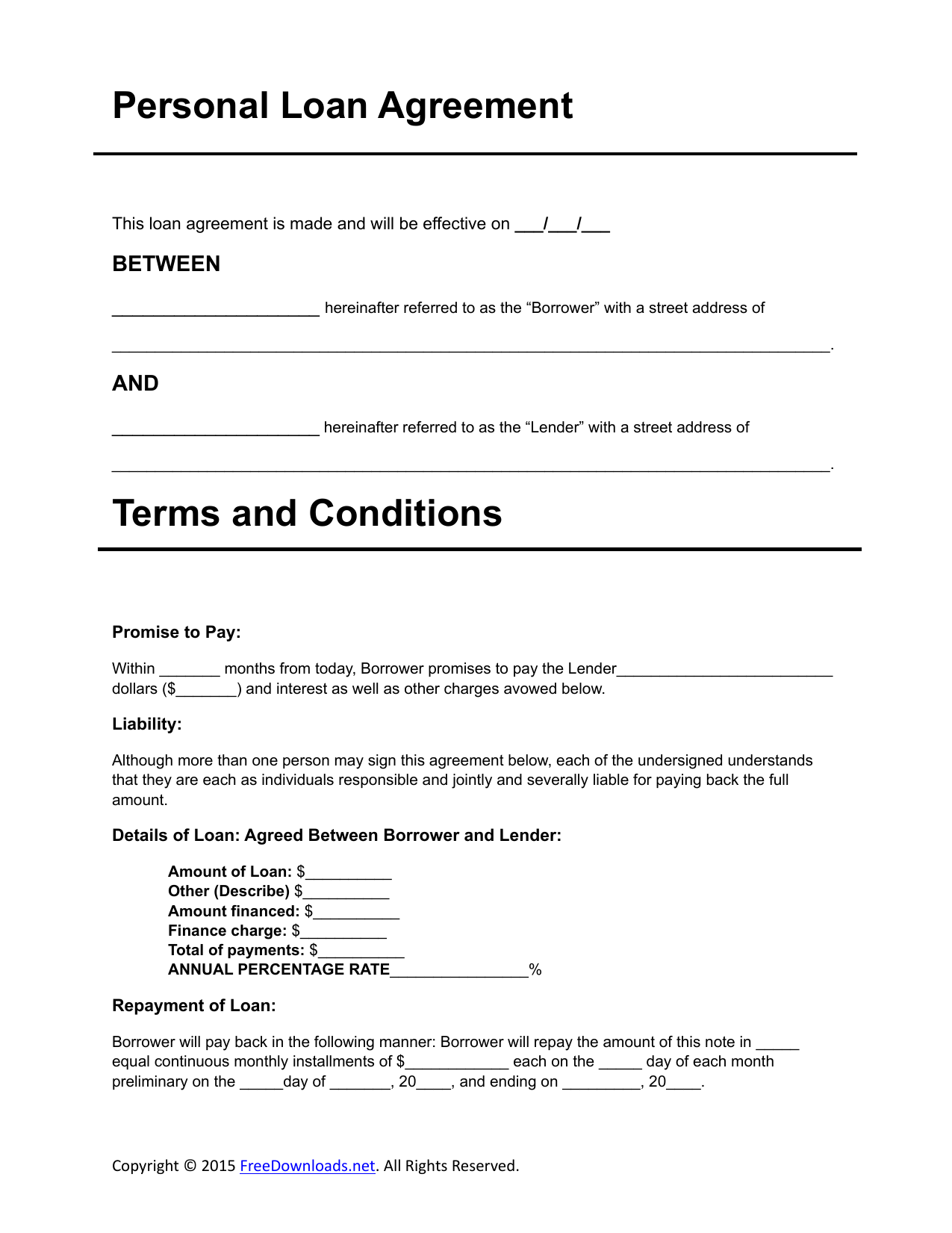 Download Personal Loan Agreement Template  PDF  RTF  Word  Intended For Blank Loan Agreement Template