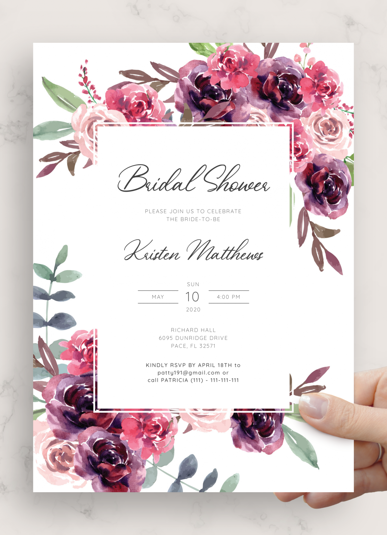 Download Printable Burgundy Floral Bridal Shower Invitation PDF In Blank Bridal Shower Invitations Templates