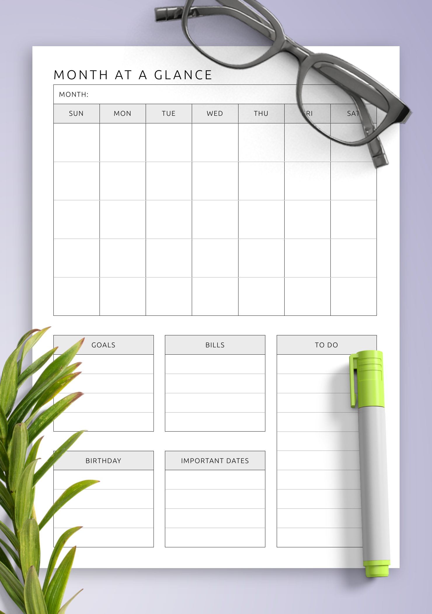 Download Printable Month at a Glance Template PDF Pertaining To Month At A Glance Blank Calendar Template