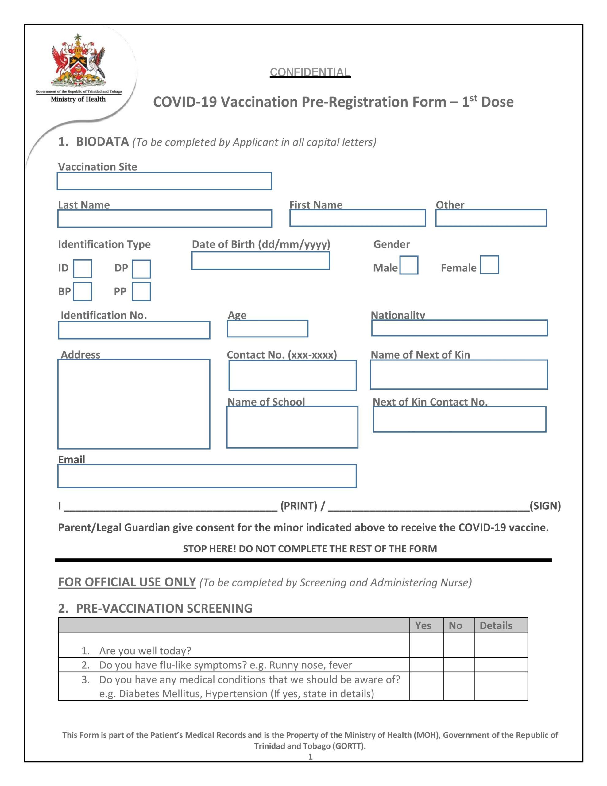 Download the COVID-10 Vaccine Pre-Registration Forms  Ministry of  Pertaining To Certificate Of Vaccination Template