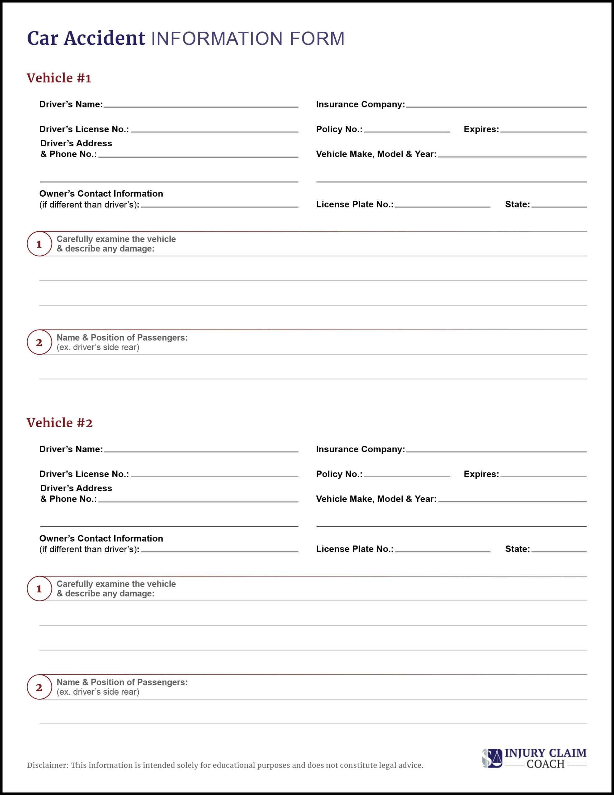 Downloadable Car Accident Information Form Regarding Vehicle Accident Report Template