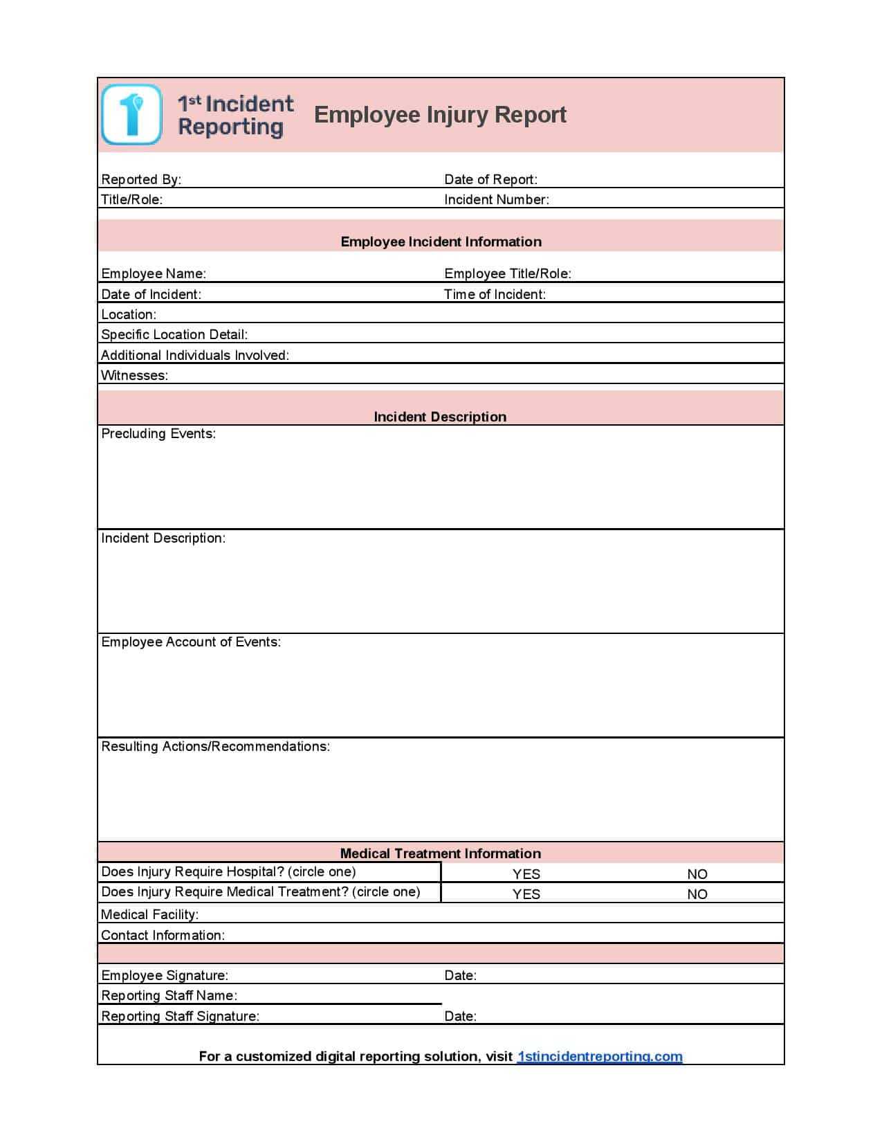 Downloadable Employee Injury Report Form For Timely Reporting  Intended For Employee Incident Report Templates