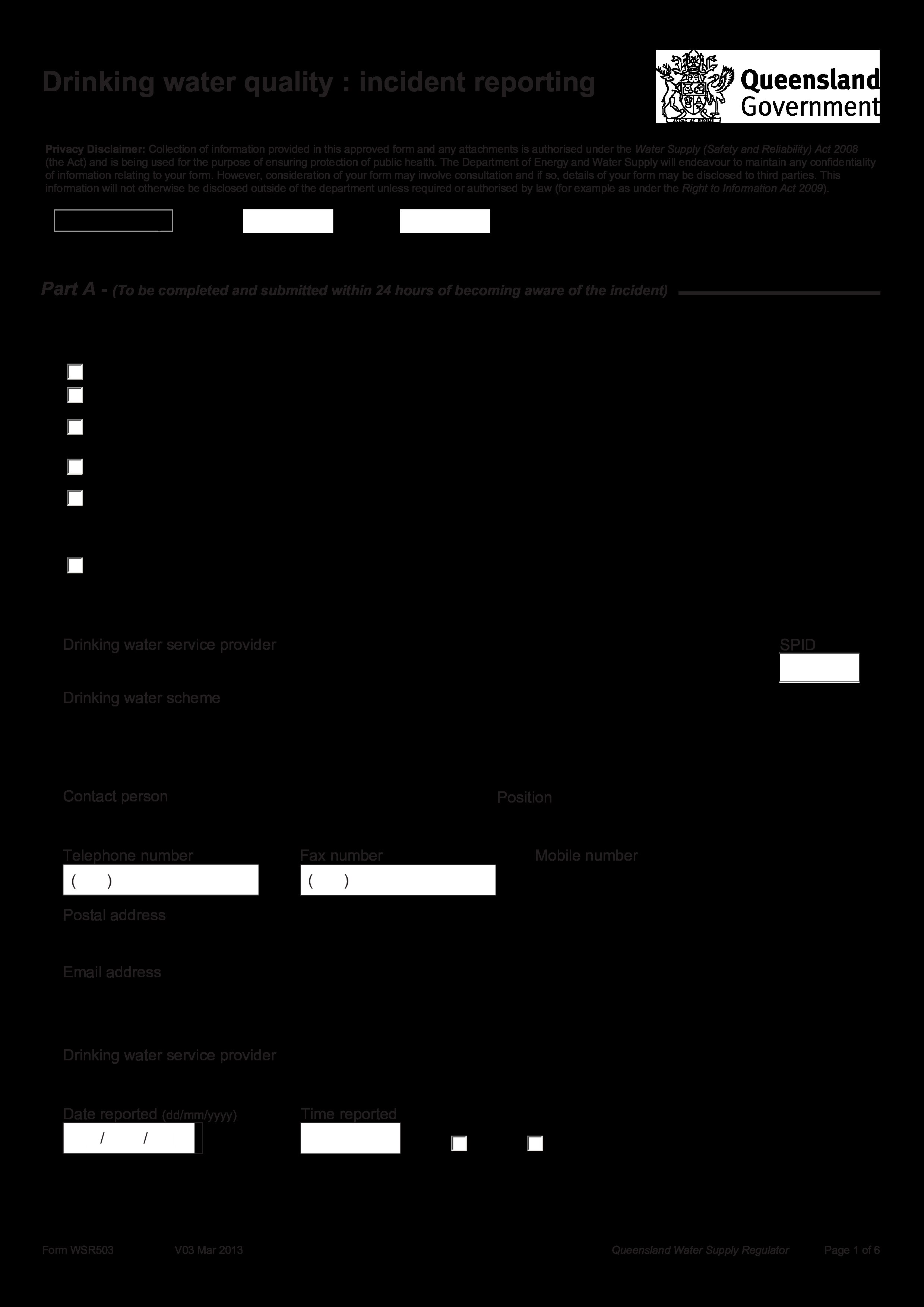 Drinking Water Quality Incident Report  Templates At  Throughout Incident Report Form Template Qld