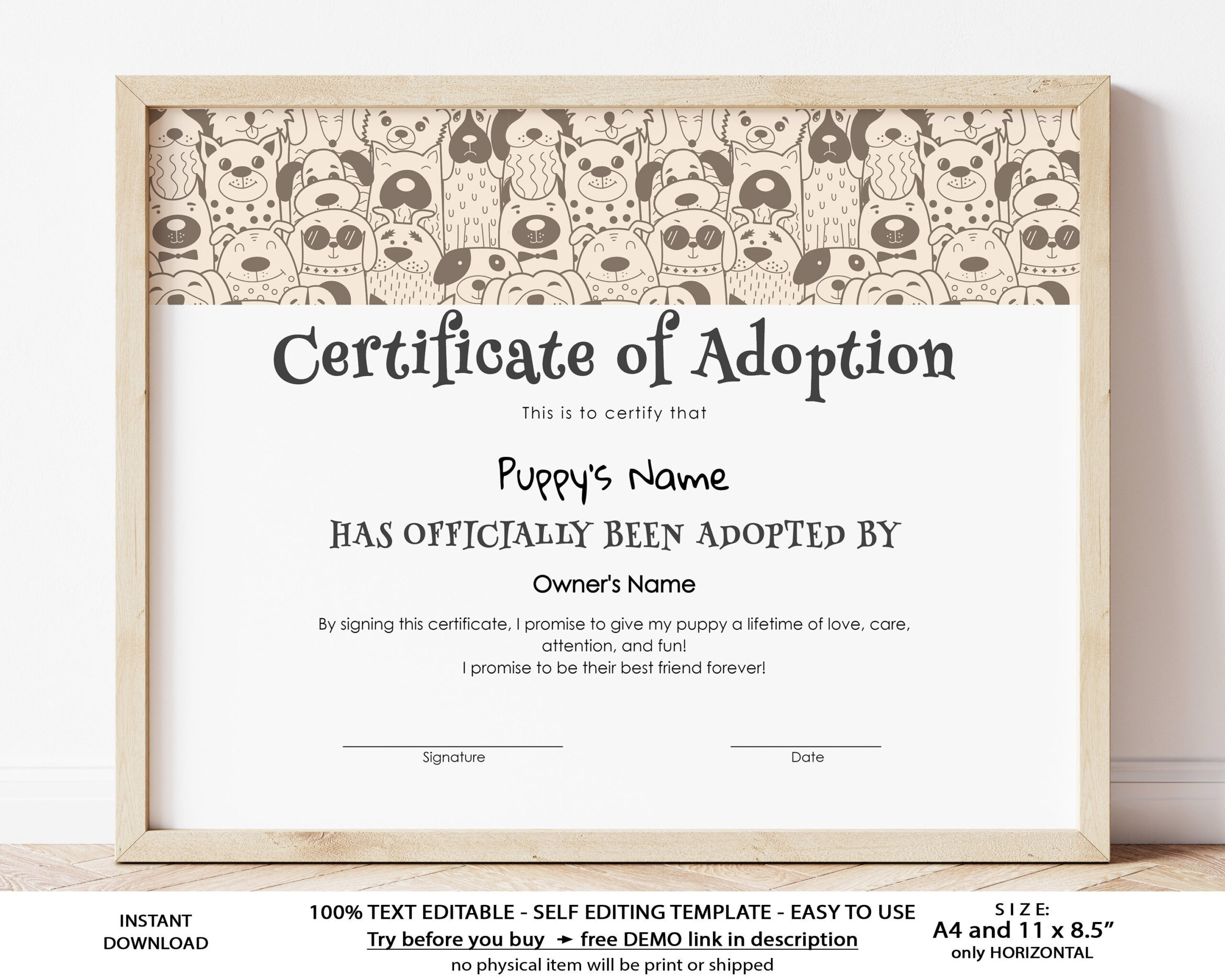 EDITABLE Adoption Certificate Template Puppy Gift Adoption - Etsy