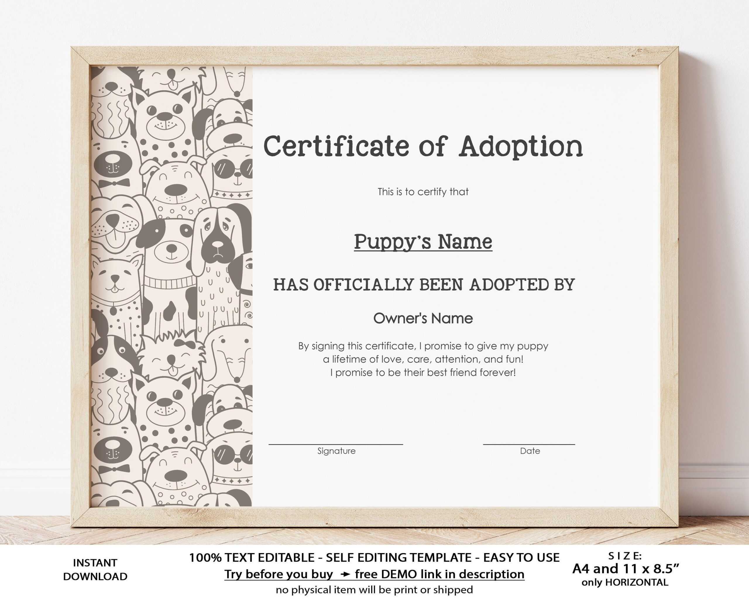 EDITABLE Adoption Certificate Template Puppy Gift Adoption – Etsy