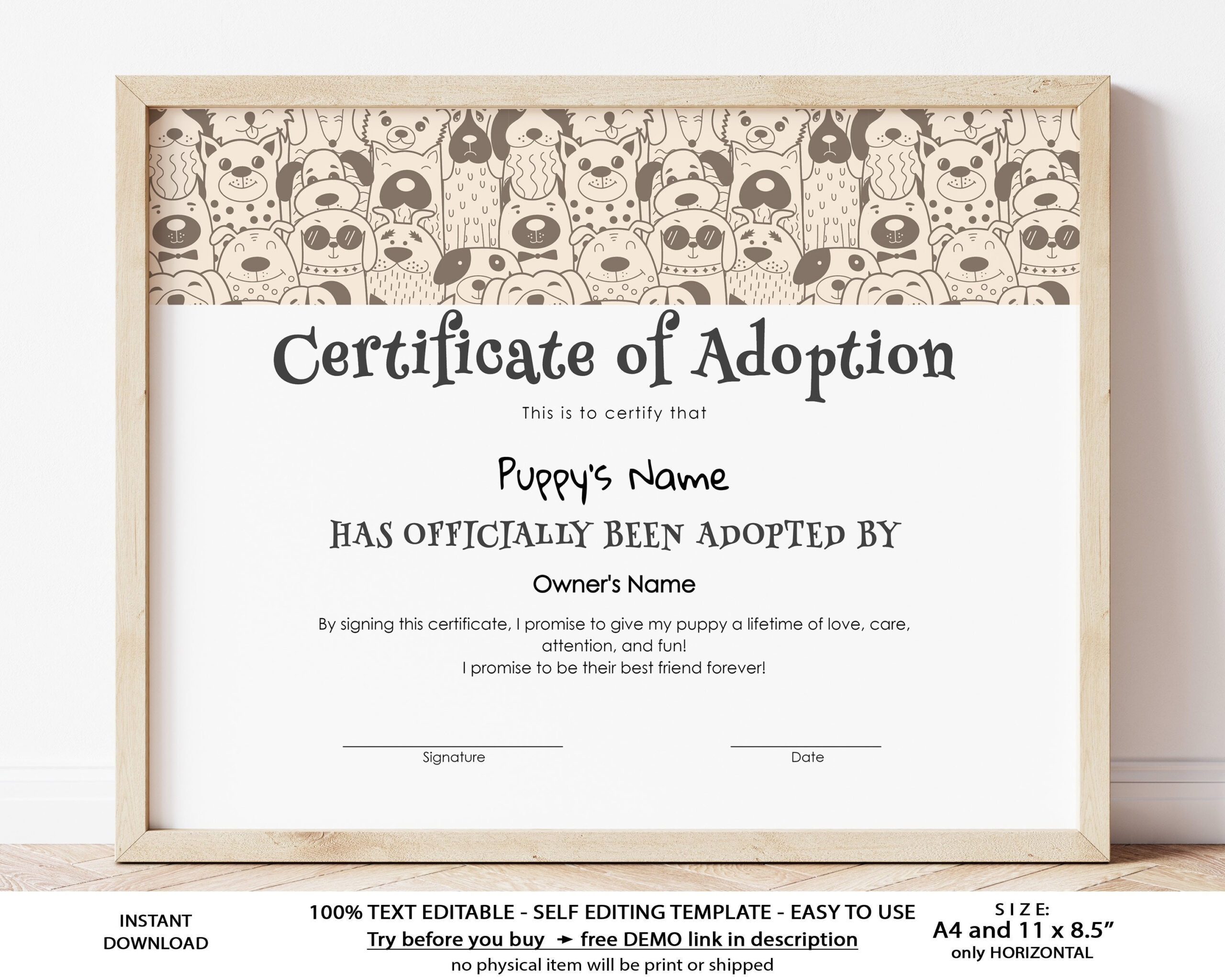 EDITABLE Adoption Certificate Template Puppy Gift Adoption – Etsy
