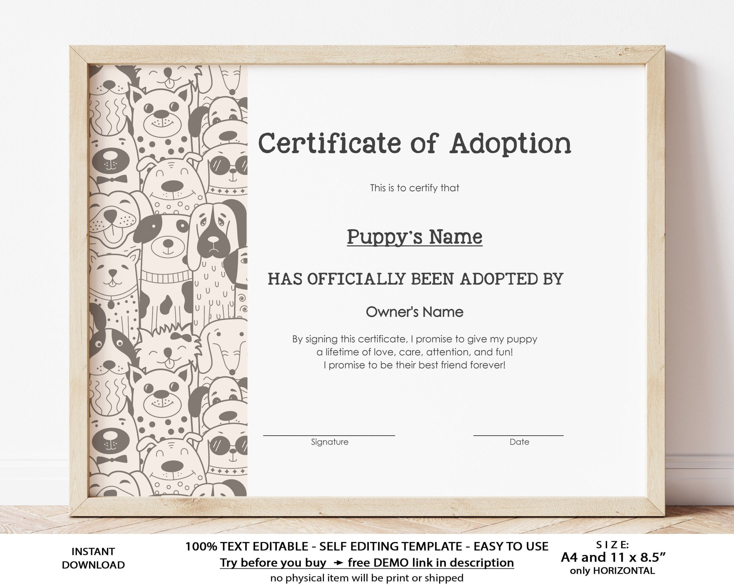 EDITABLE Adoption Certificate Template Puppy Gift Adoption – Etsy In Toy Adoption Certificate Template
