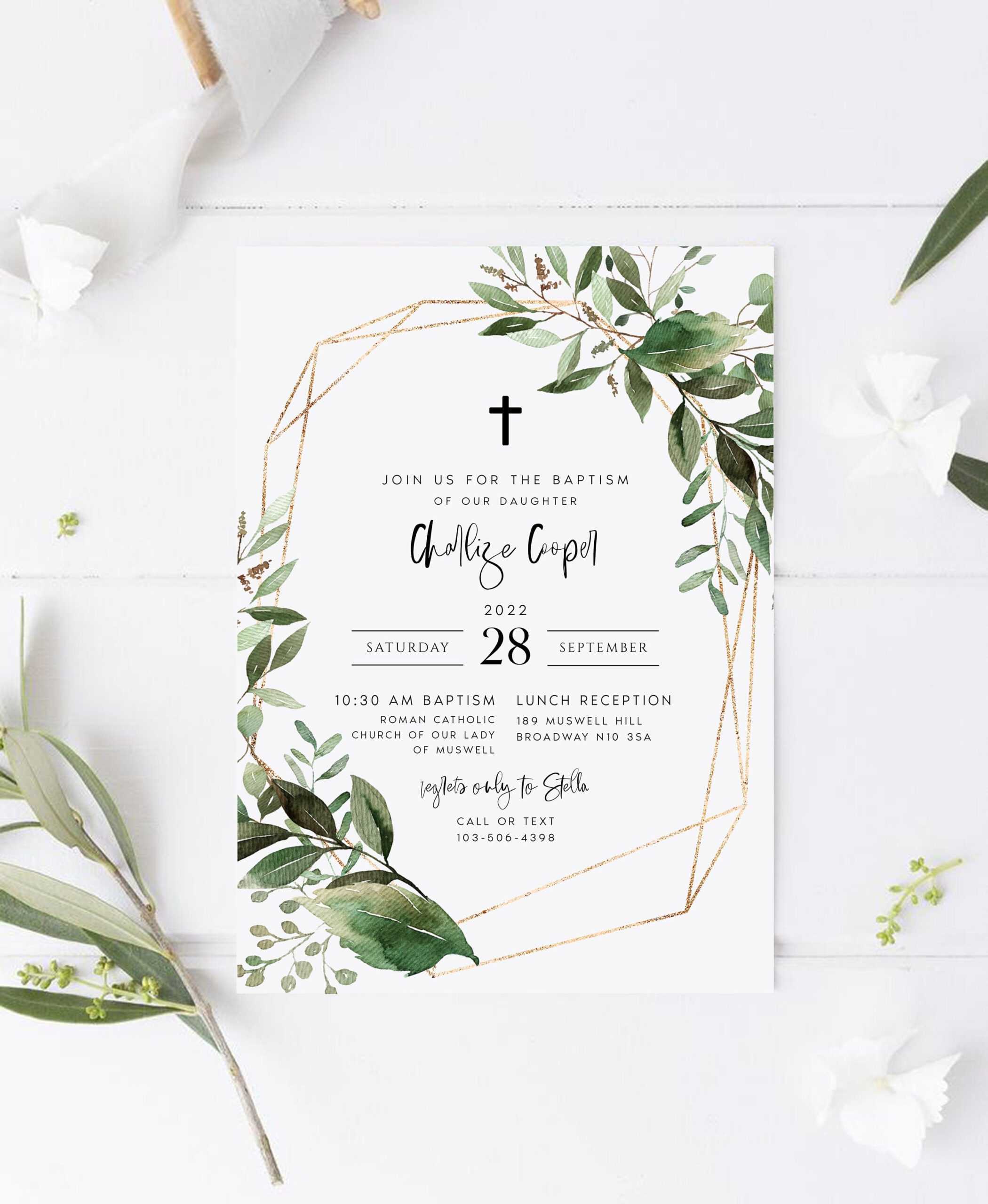 Editable Baptism Invitation Template Greenery Printable - Etsy Regarding Blank Christening Invitation Templates