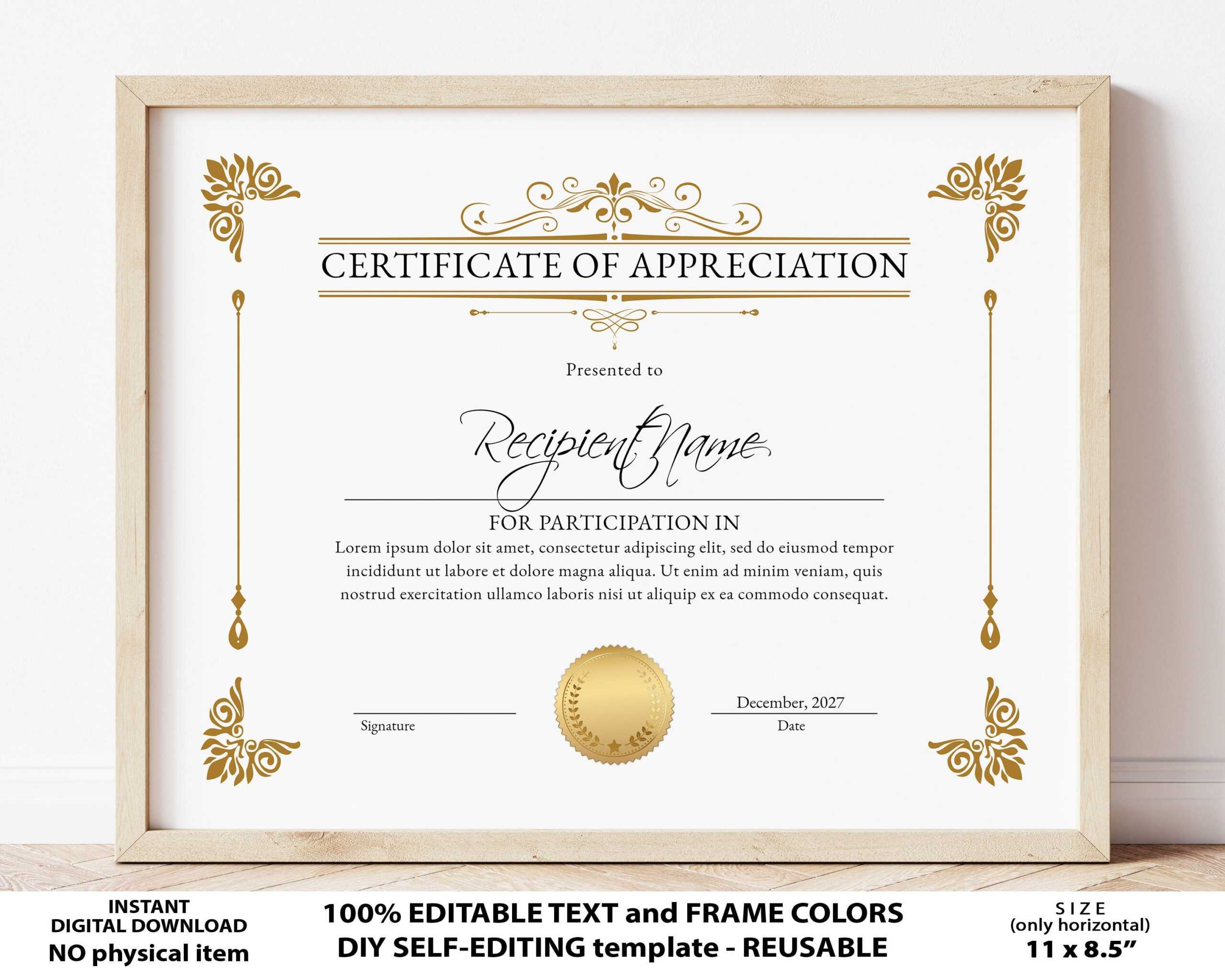 Editable Certificate Of Appreciation Printable Appreciation – Etsy