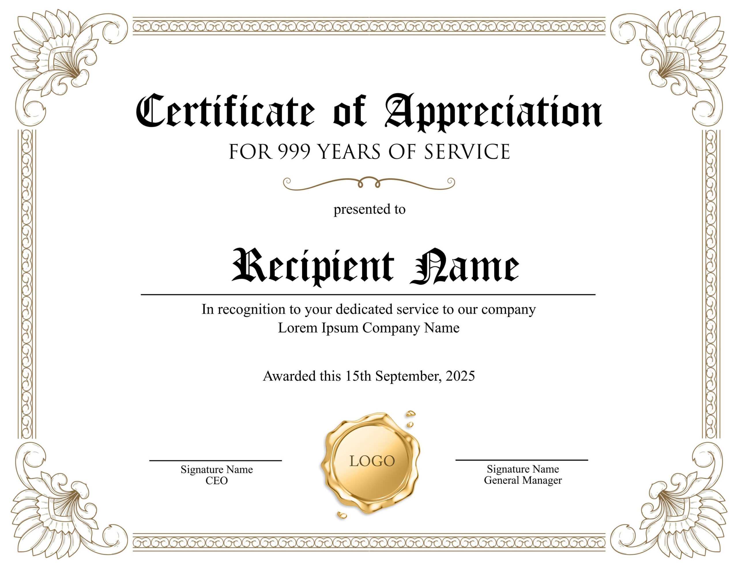 Editable Certificate of Appreciation Template. Editable Printable  Certificate Template. Participation Award