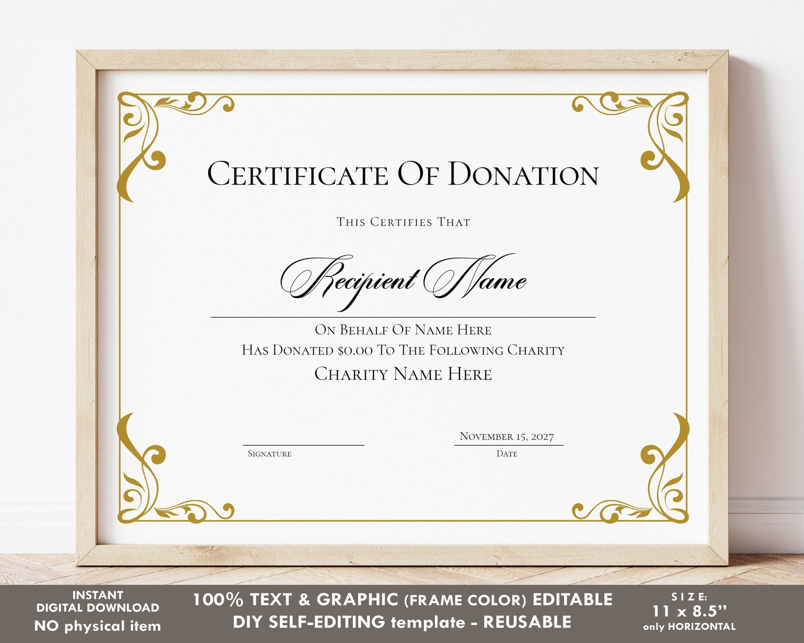Editable Certificate Of Donation Template Printable Charity – Etsy