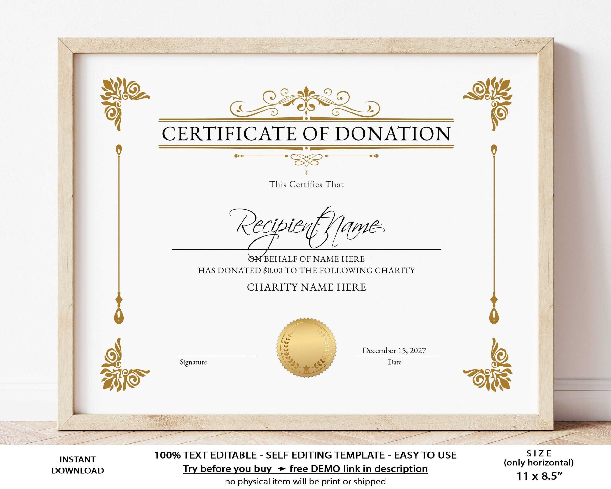 Editable Certificate Of Donation Template Printable Charity – Etsy