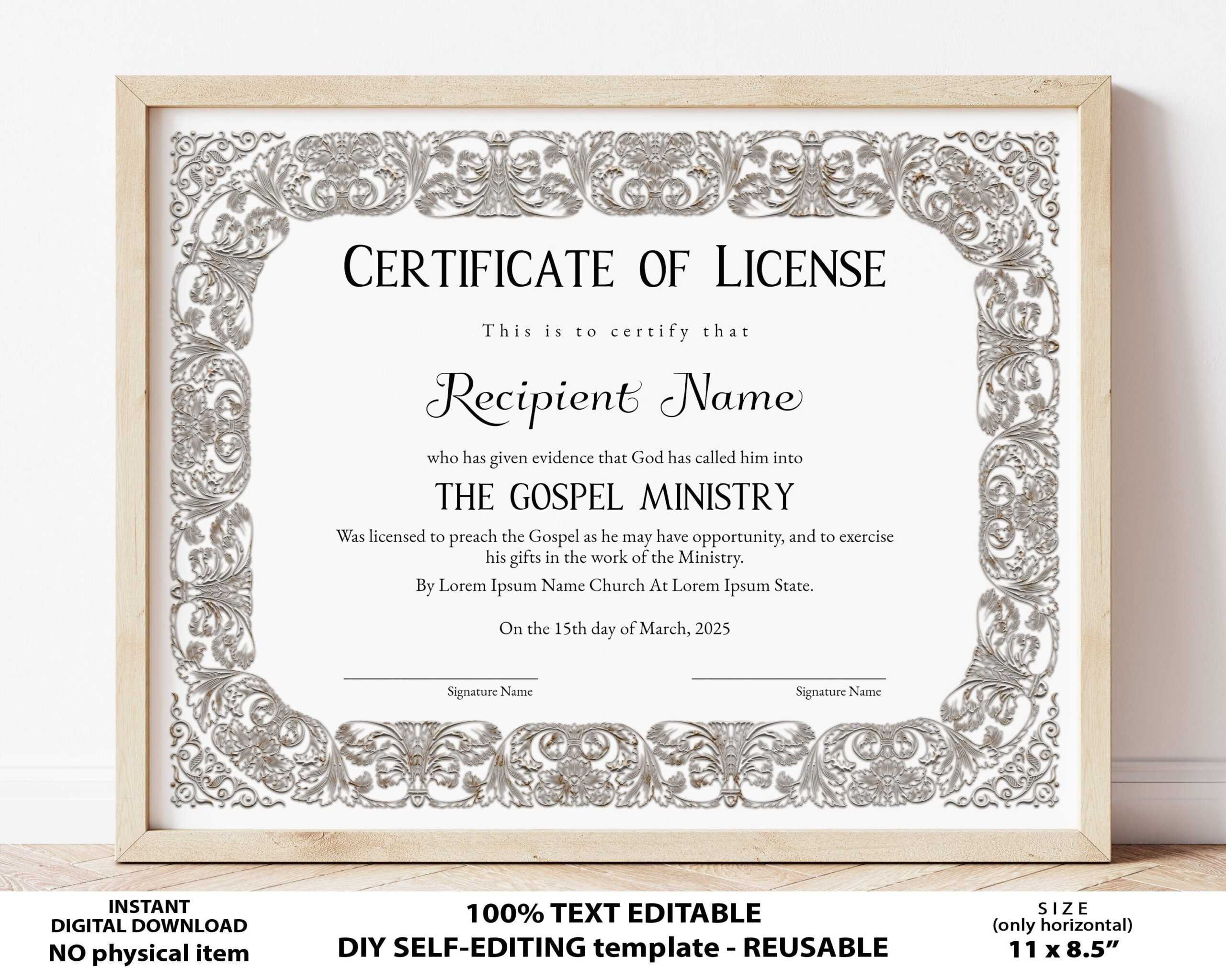 Editable Certificate of License Printable License to Preach - Etsy Editable Certificate of License Printable License to Preach - Etsy