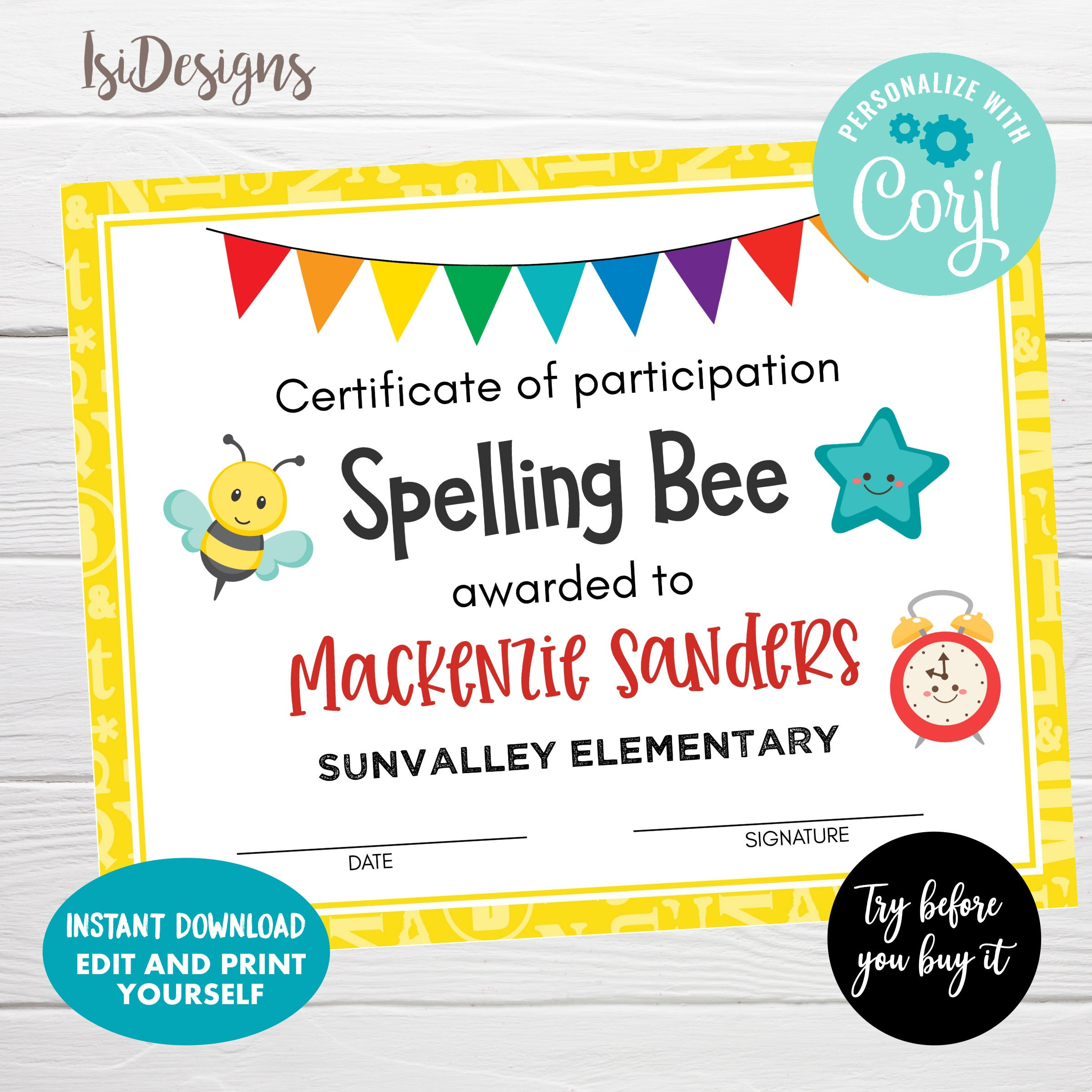 Editable Certificate Of Participation Spelling Bee Contest – Etsy